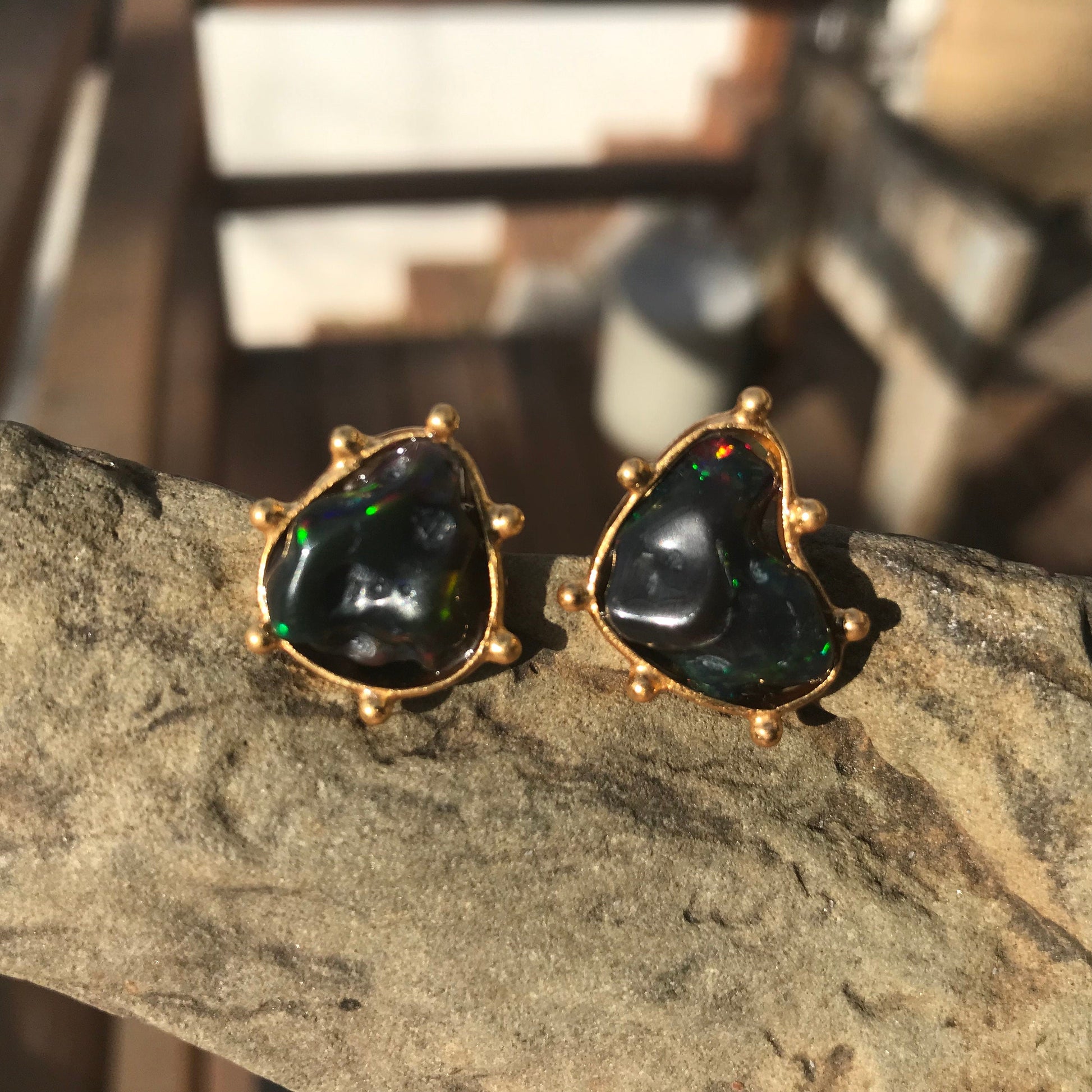 Sterling Silver Natural black red fire Opal heirloom medium stud Earrings Colors Of Etnika