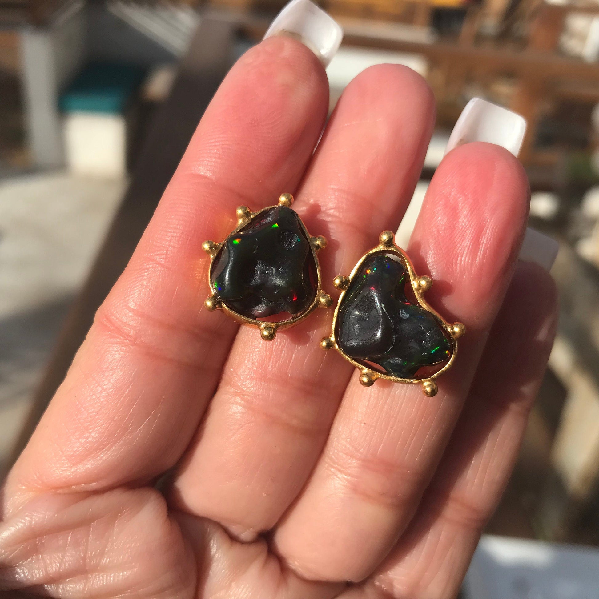 Sterling Silver Natural black red fire Opal heirloom medium stud Earrings Colors Of Etnika