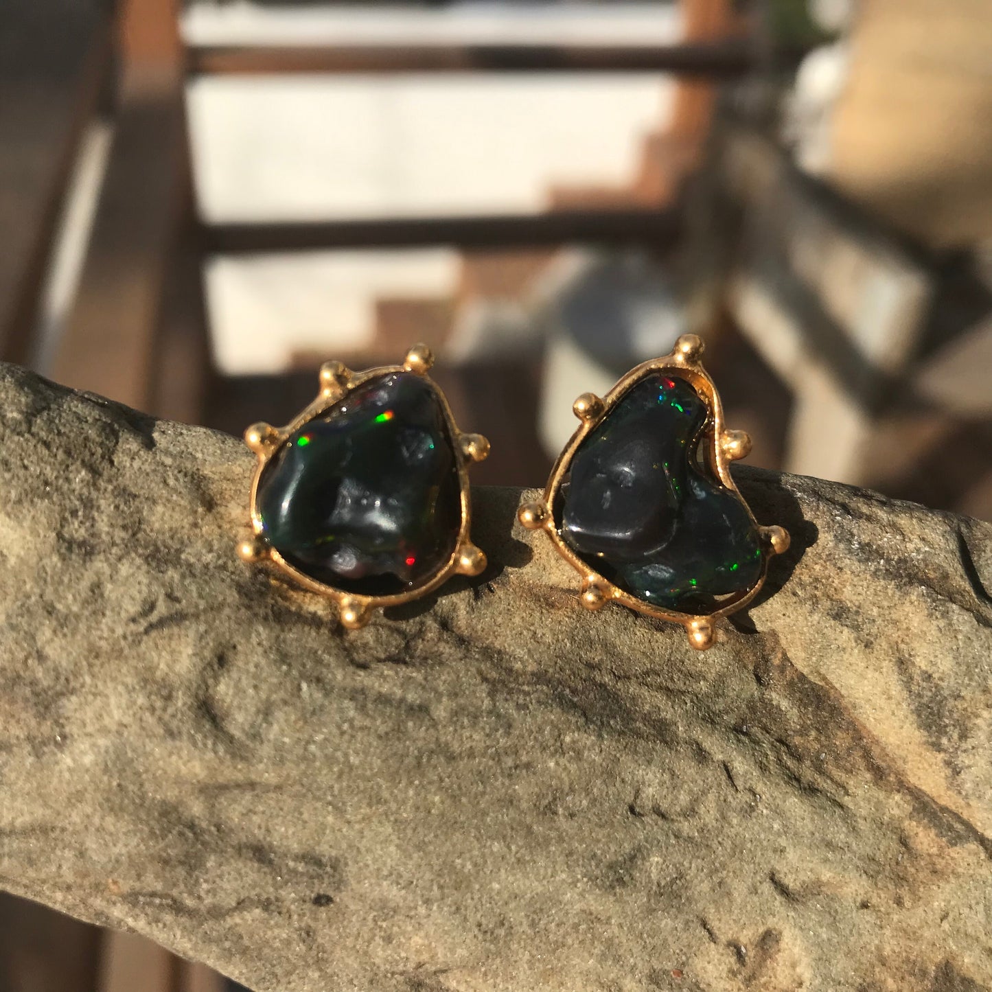 Sterling Silver Natural black red fire Opal heirloom medium stud Earrings