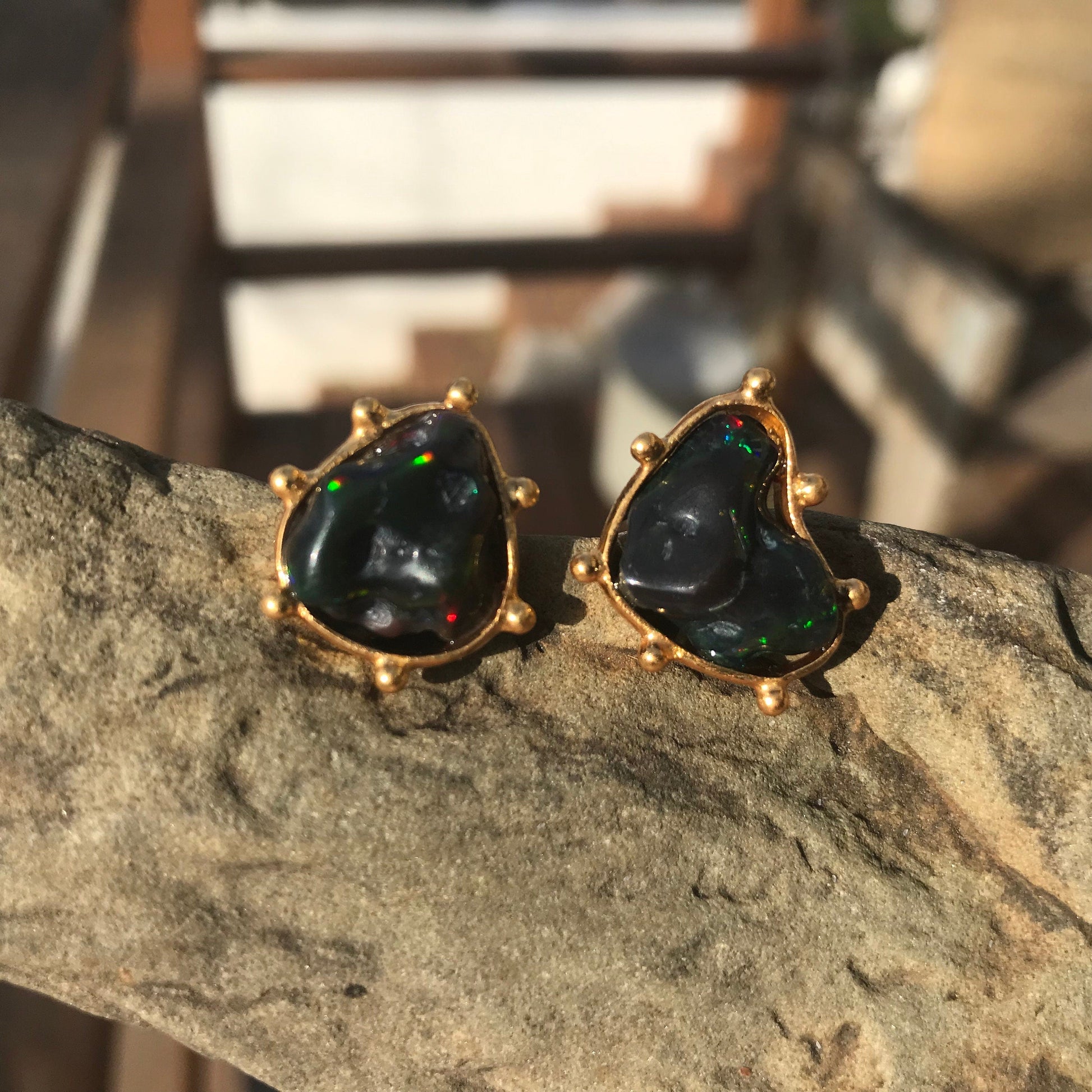 Sterling Silver Natural black red fire Opal heirloom medium stud Earrings Colors Of Etnika