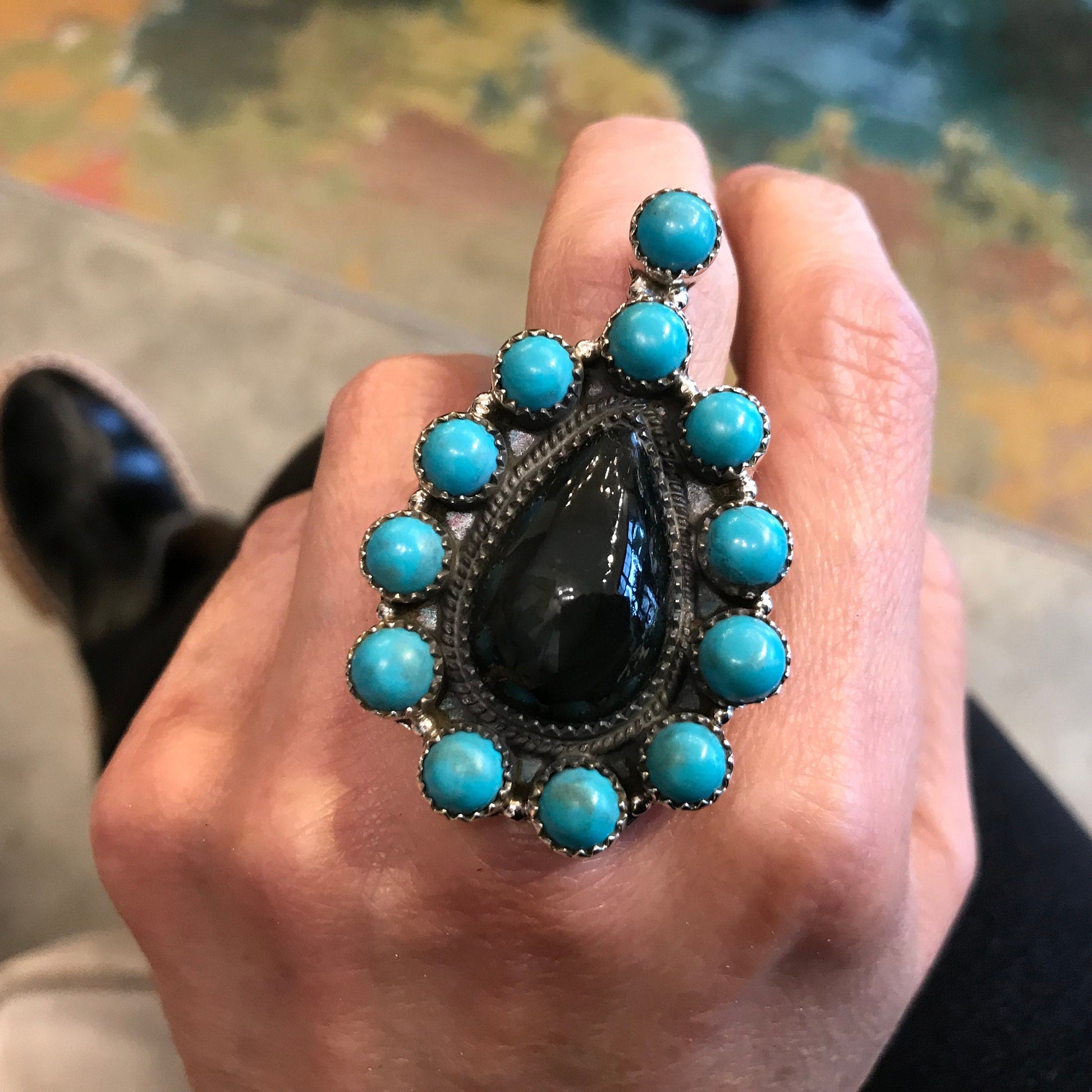 Sterling Statement turquoise huge adjustable Cluster ring obsidian Colors Of Etnika