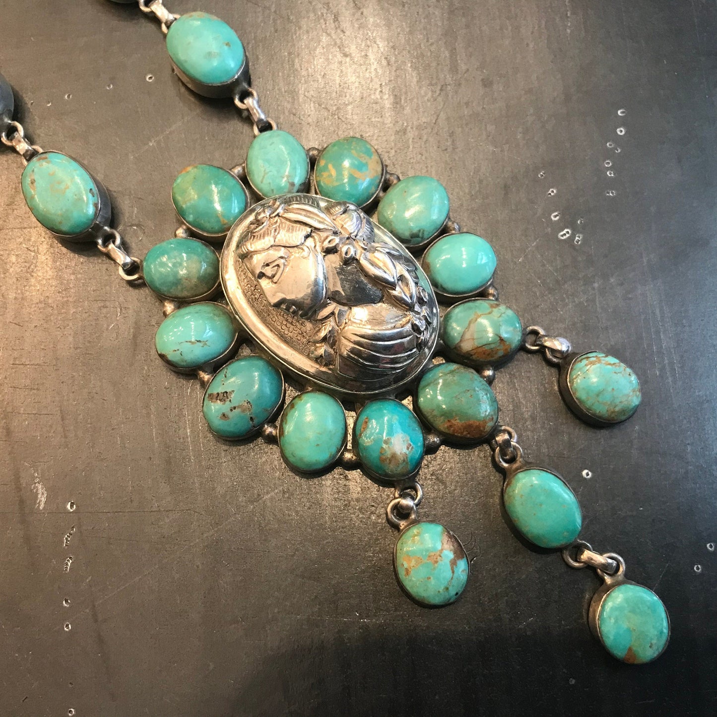 Sterling silver natural turquoise statement Cameo  necklace Colors Of Etnika