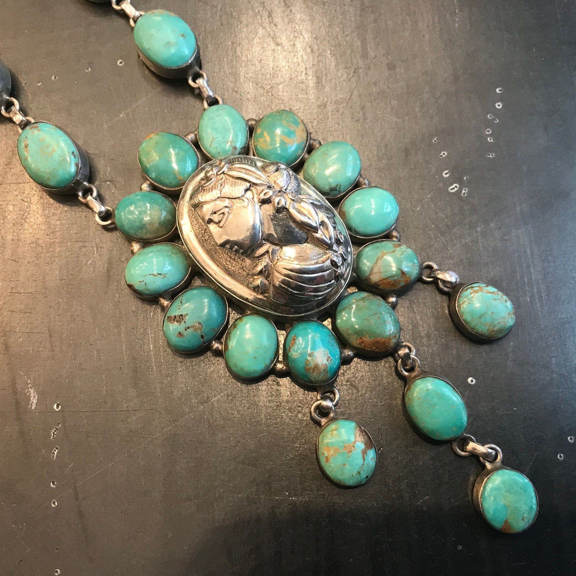 Sterling silver natural turquoise statement Cameo  necklace Colors Of Etnika