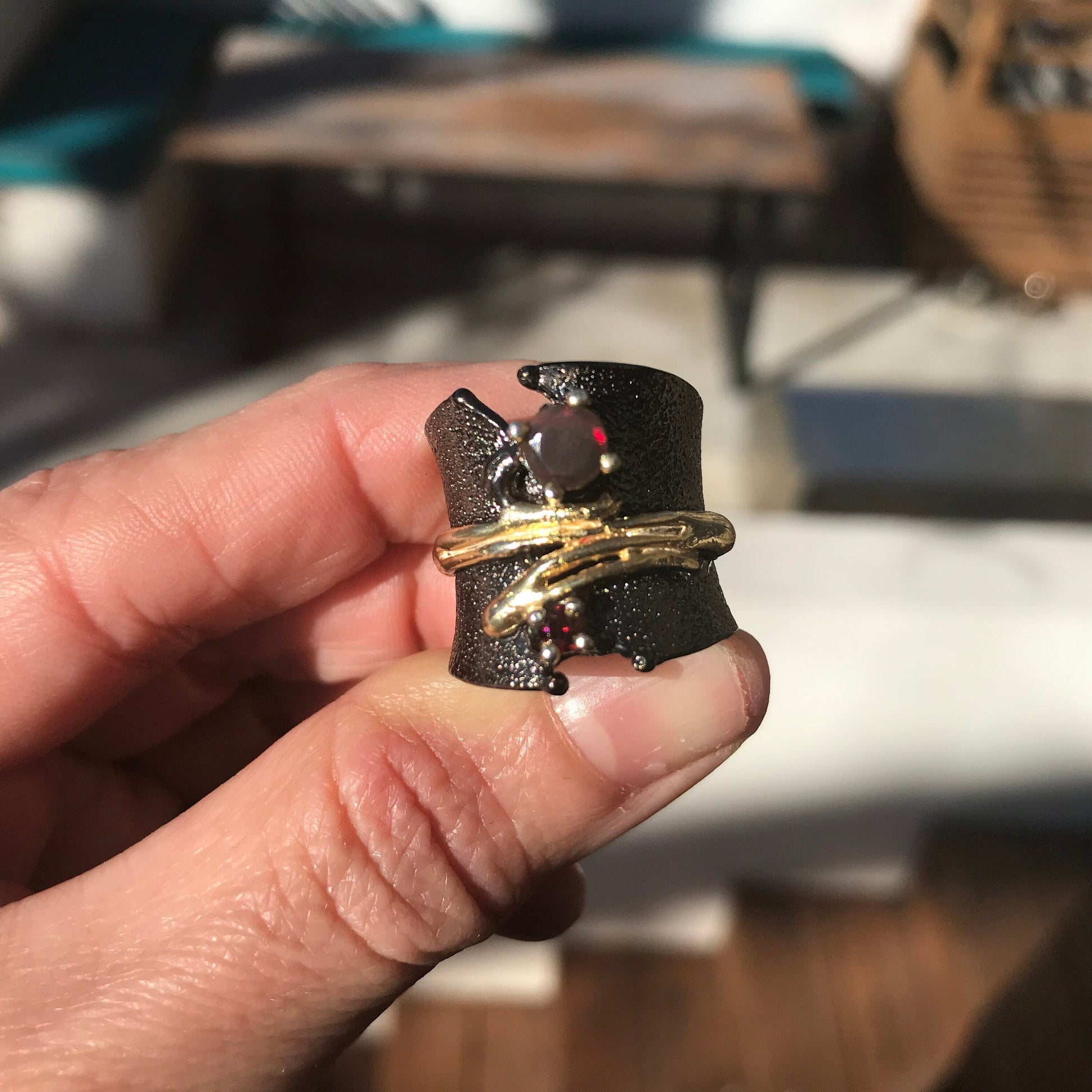 sterling silver natural black fire opal band ring 5 Colors Of Etnika