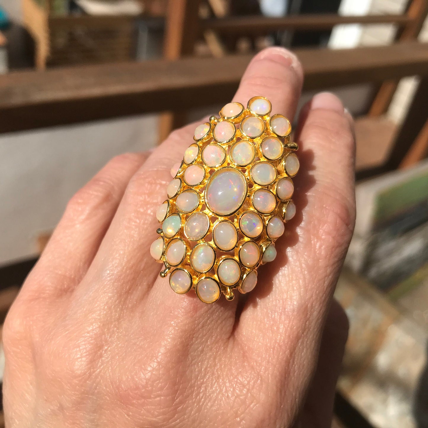 Sterling Silver flash Opal huge statement Ring gold ring 7