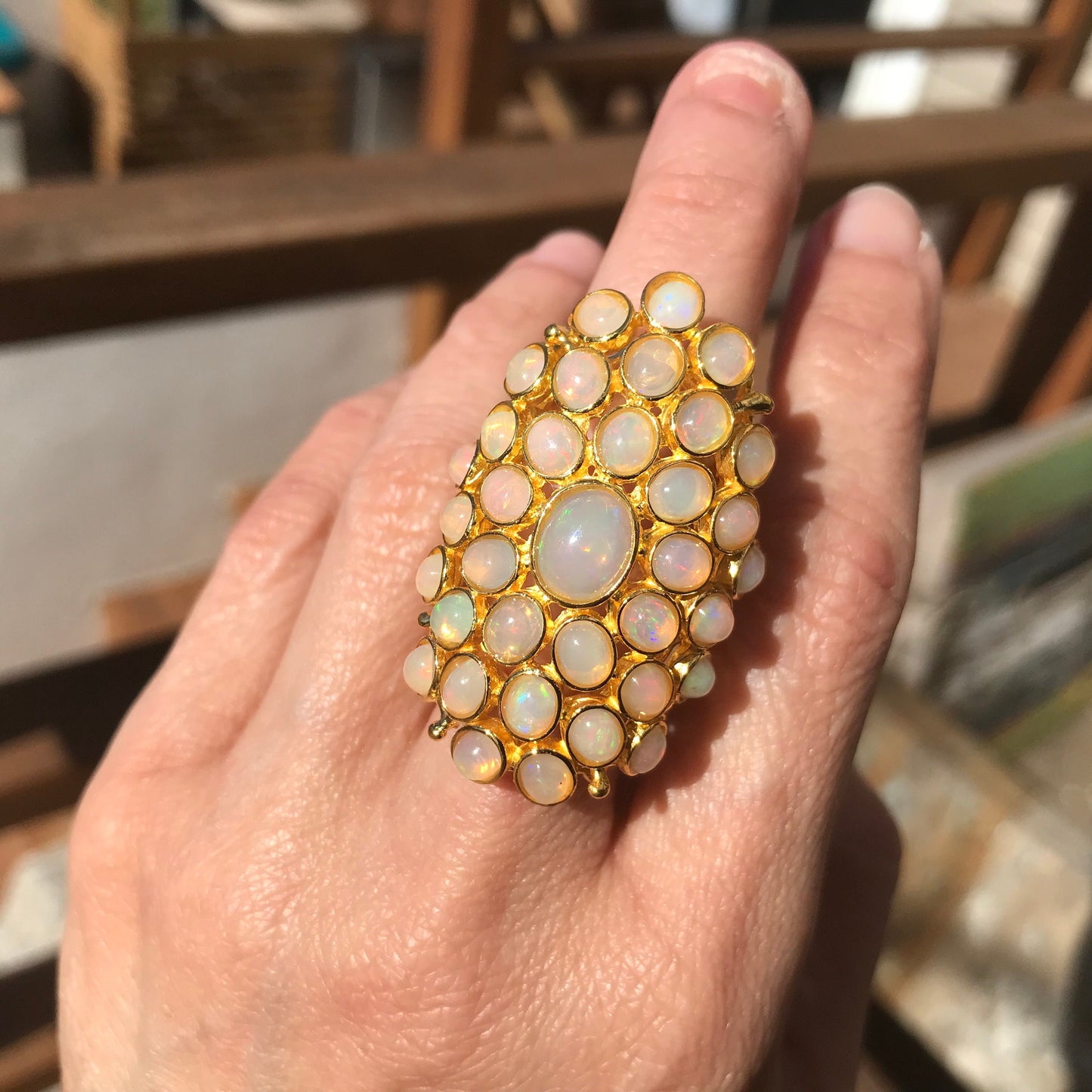 Sterling Silver flash Opal huge statement Ring gold ring 7