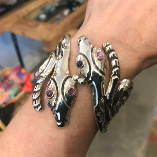Sterling Silver vintage snake amethyst Statement Repousse Cuff Bracelet
