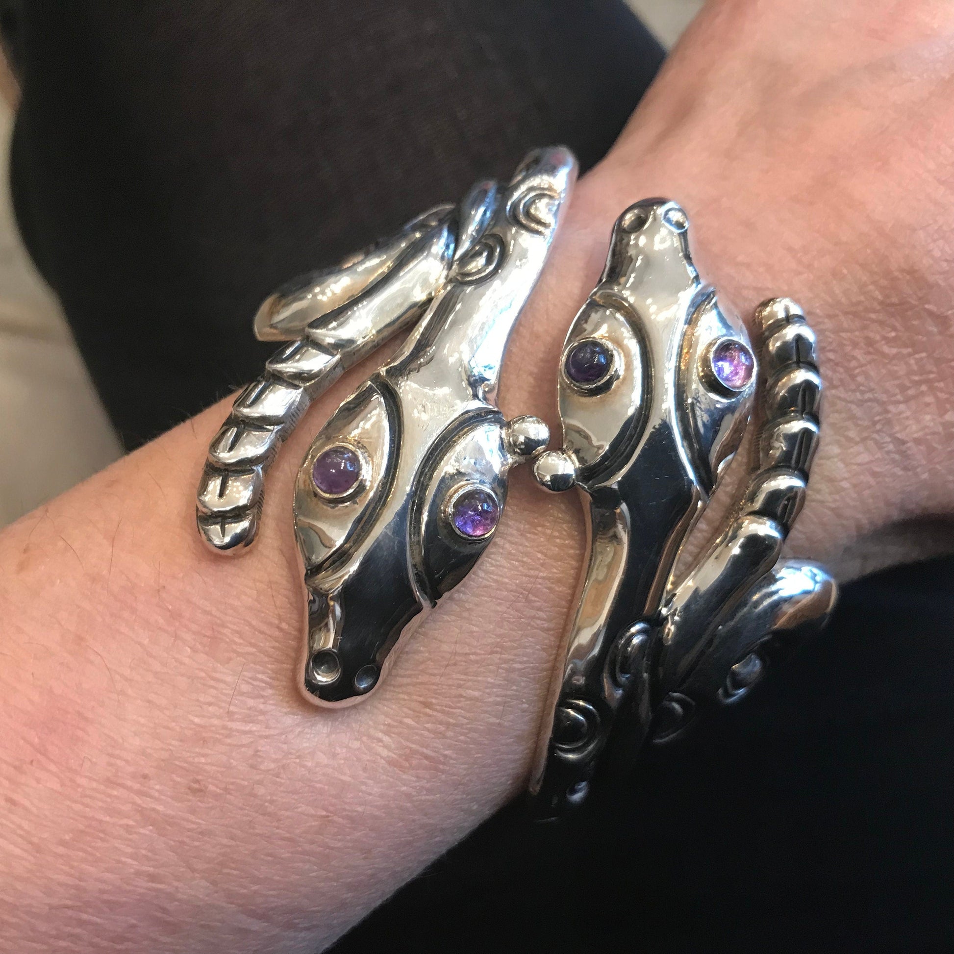 Sterling Silver vintage snake amethyst Statement Repousse Cuff Bracelet Colors Of Etnika