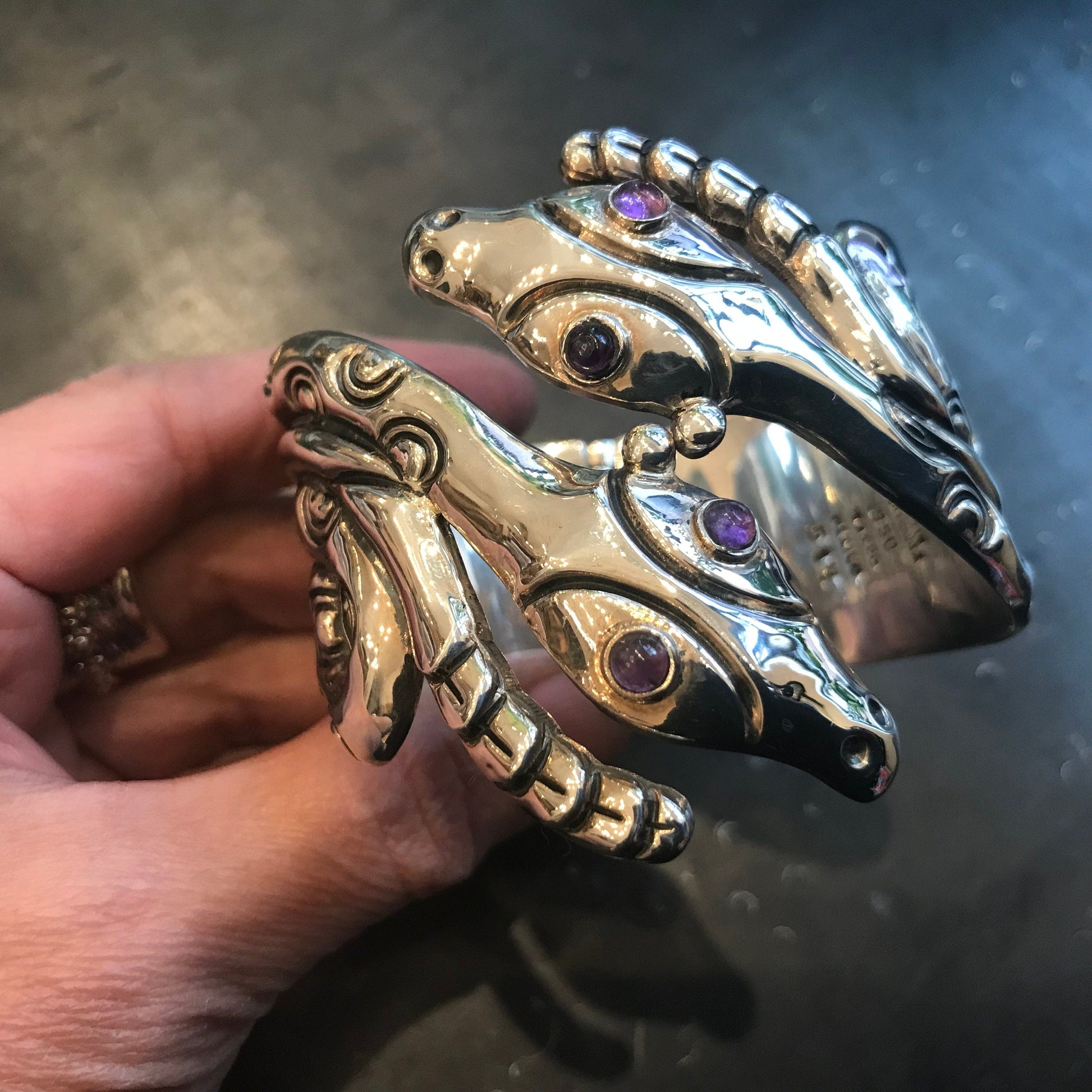 Sterling Silver vintage snake amethyst Statement Repousse Cuff Bracelet Colors Of Etnika