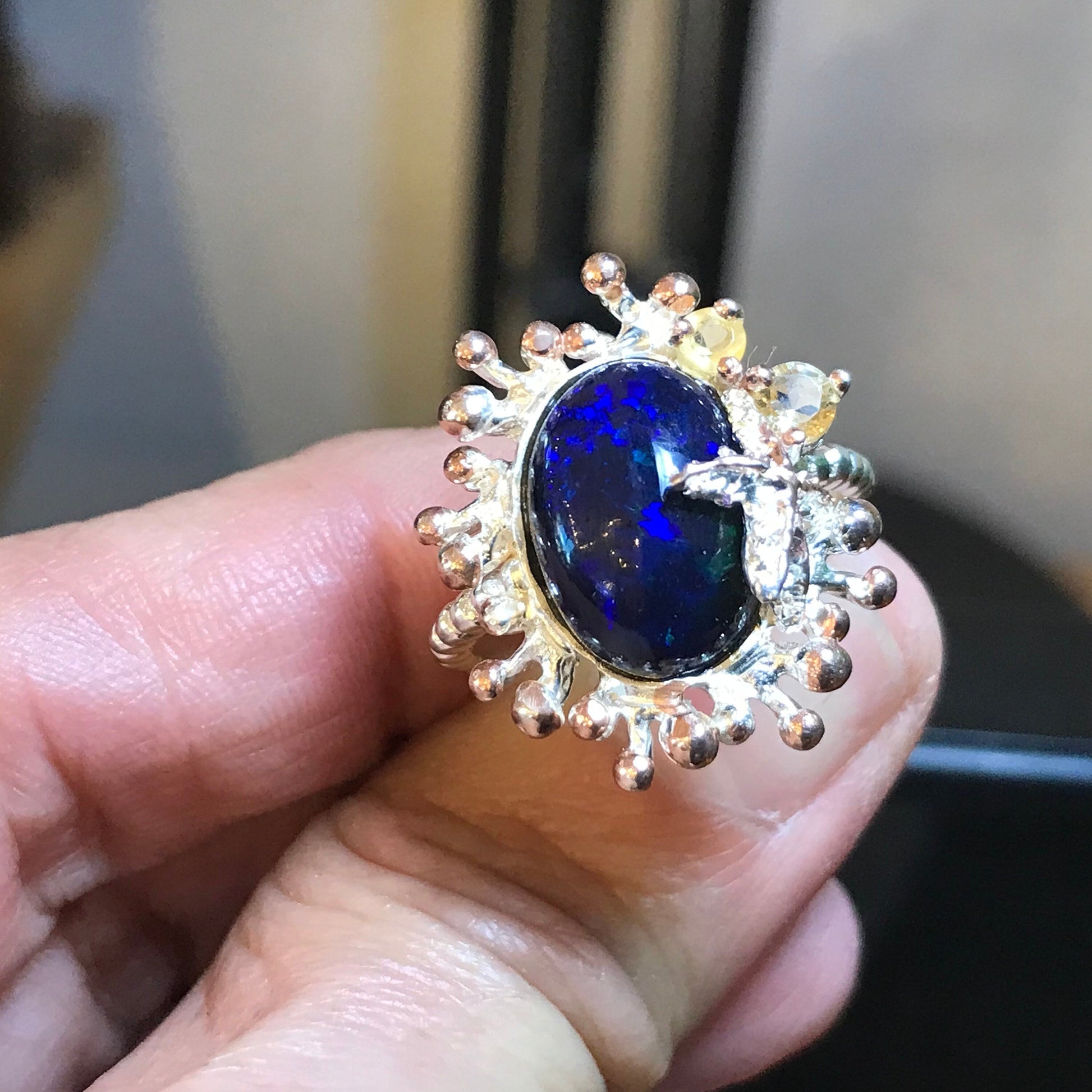 sterling silver Natural black  blue Fire Opal statement ring 8.5 Colors Of Etnika