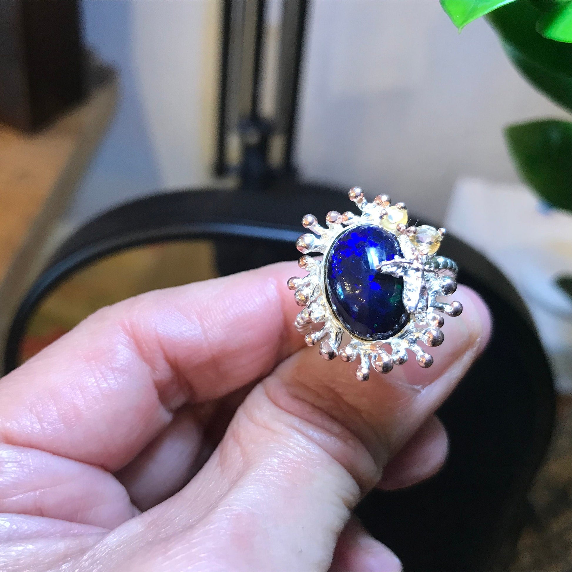sterling silver Natural black  blue Fire Opal statement ring 8.5 Colors Of Etnika