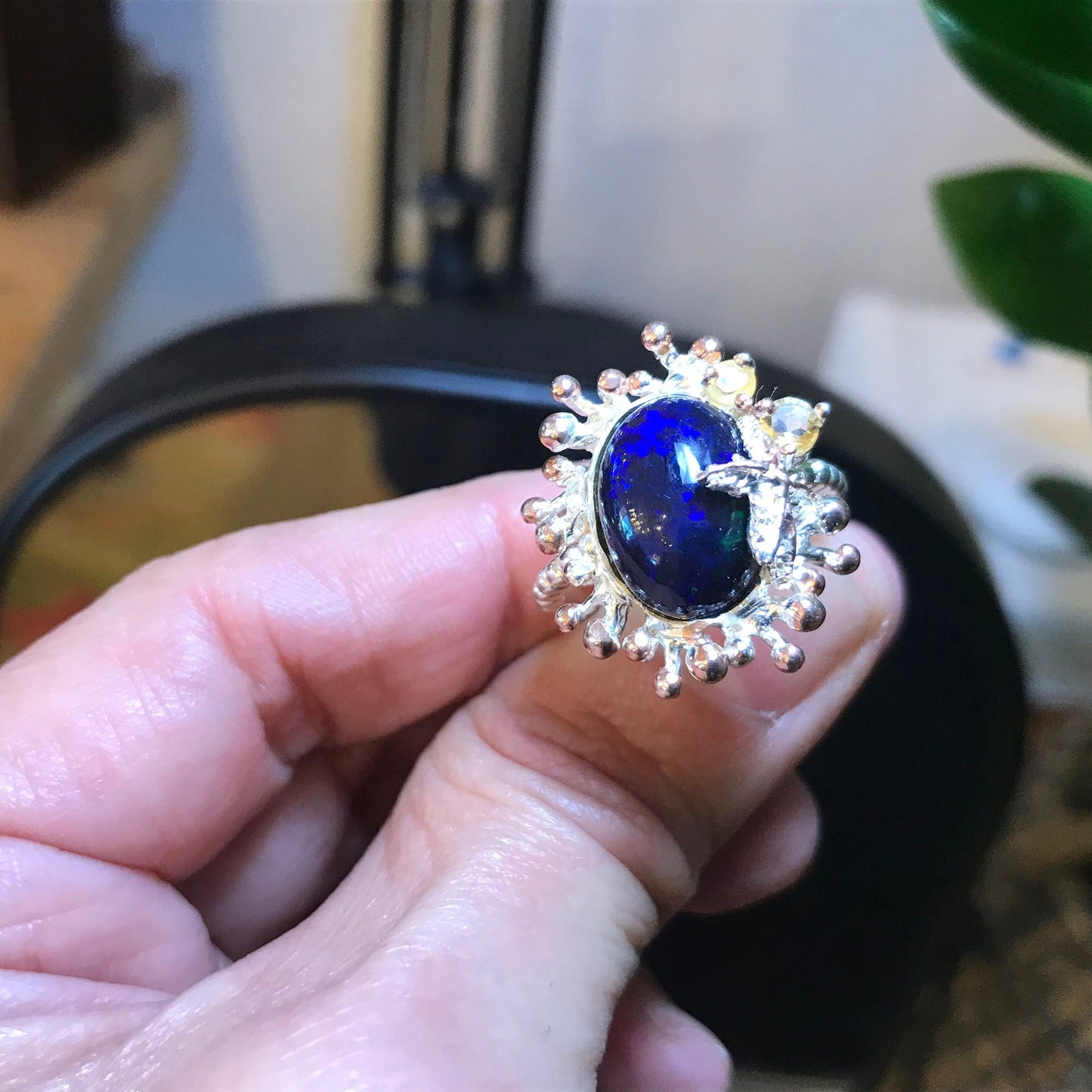 sterling silver Natural black  blue Fire Opal statement ring 8.5 Colors Of Etnika