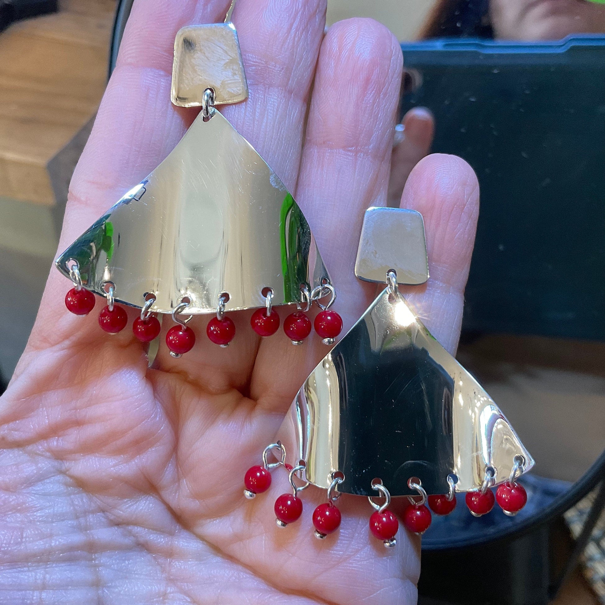 Sterling  Silver modernist large long dangle earrings flamenco red coral Colors Of Etnika