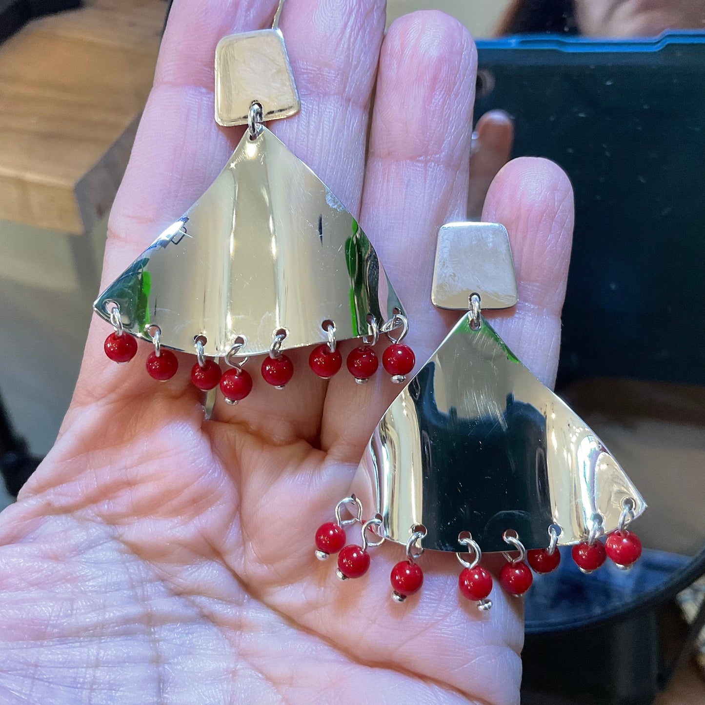 Sterling  Silver modernist large long dangle earrings flamenco red coral Colors Of Etnika