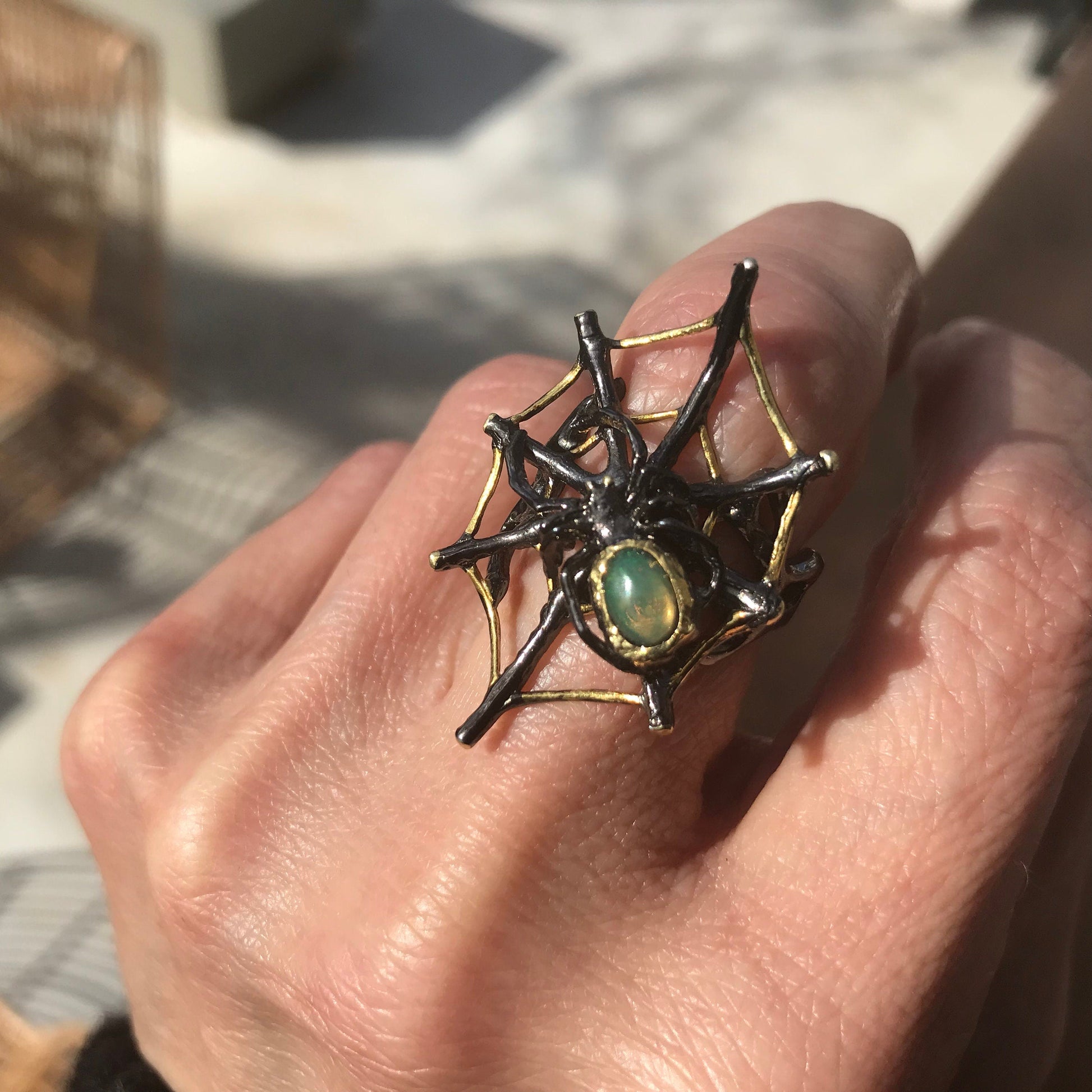 Sterling Silver spider web Handmade Fire Opal Artisan ring 7 Colors Of Etnika