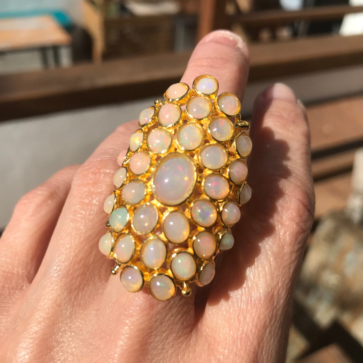 Sterling Silver flash Opal huge statement Ring gold ring 7