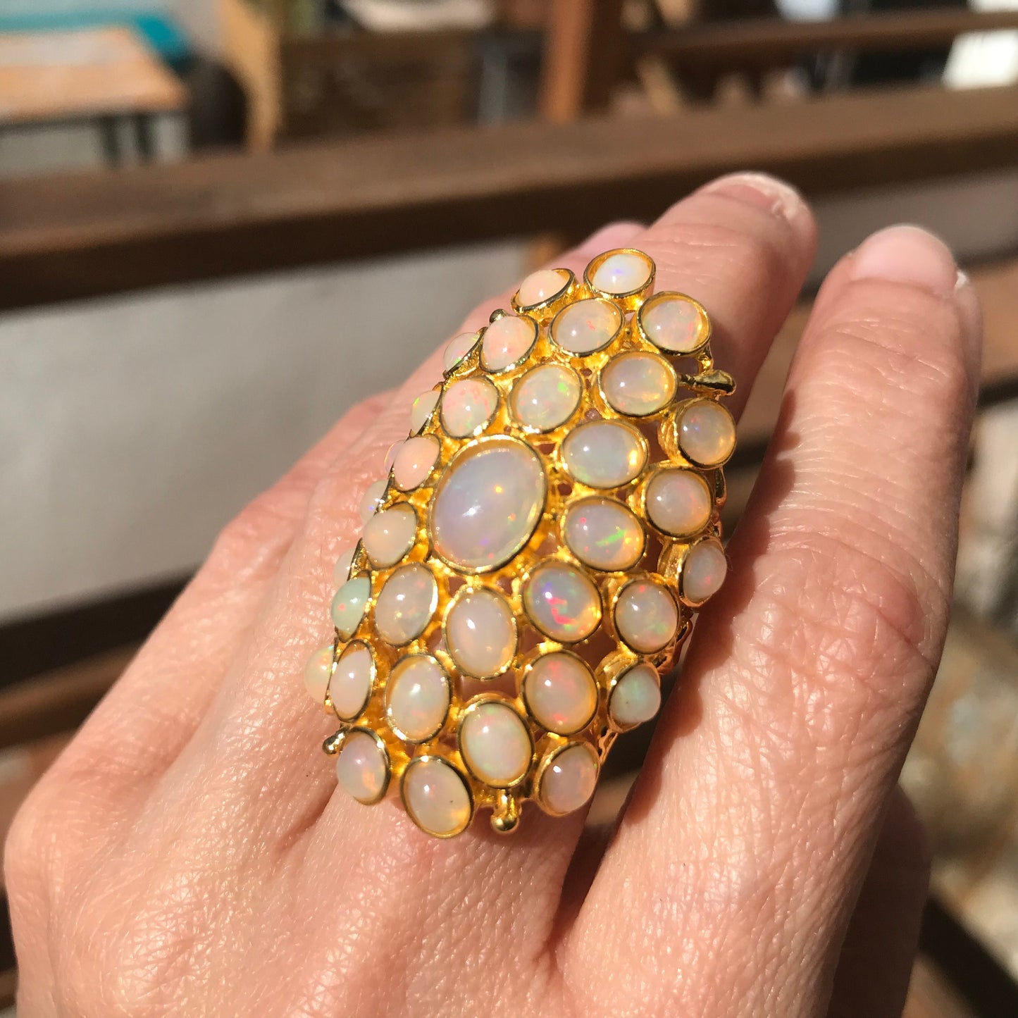 Sterling Silver flash Opal huge statement Ring gold ring 7