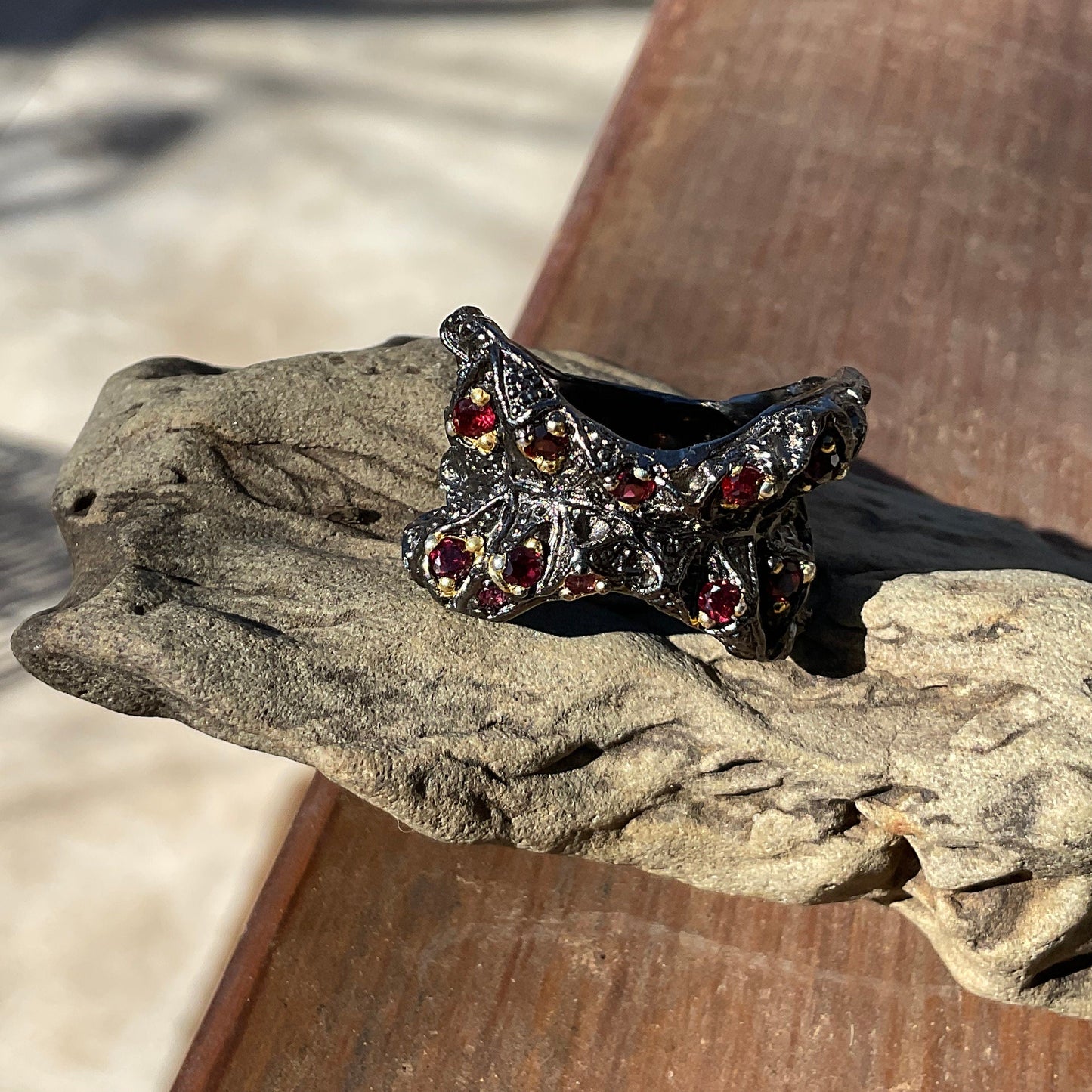 Handmade Sterling Silver Brutalist abstract rhodolite Band  ring 8.5 Colors Of Etnika