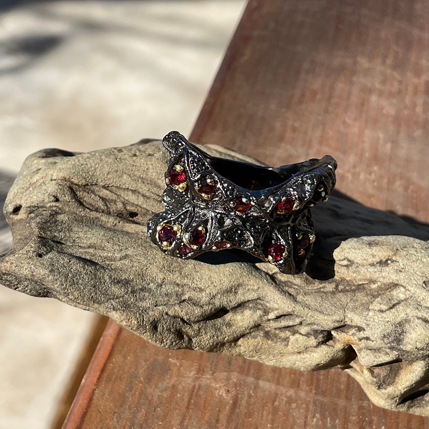 Handmade Sterling Silver Brutalist abstract rhodolite Band  ring 8.5 Colors Of Etnika