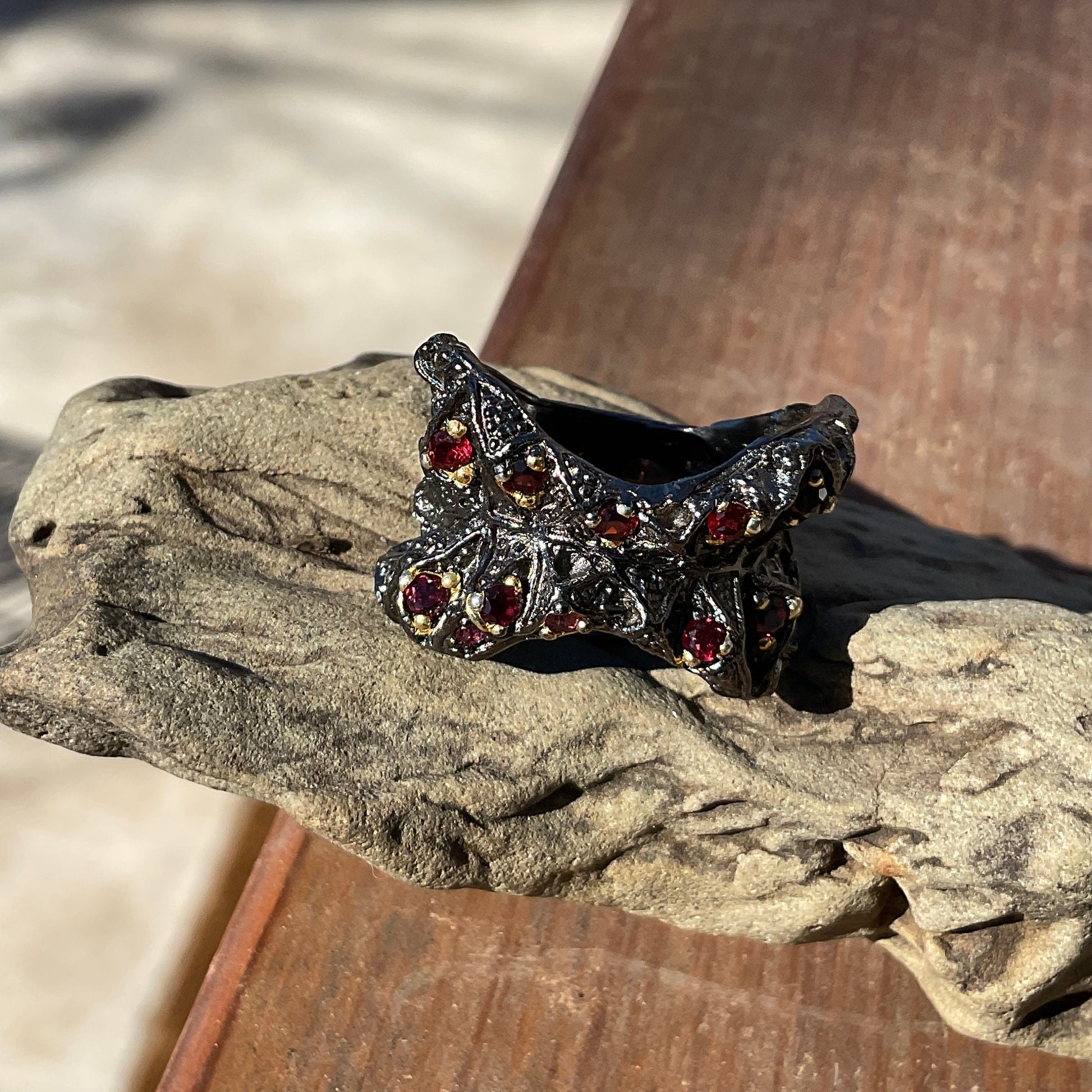 Handmade Sterling Silver Brutalist abstract rhodolite Band  ring 8.5 Colors Of Etnika