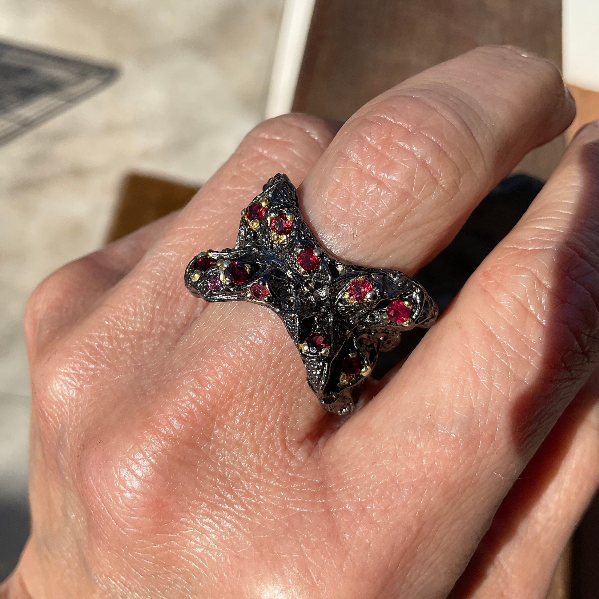 Handmade Sterling Silver Brutalist abstract rhodolite Band  ring 8.5 Colors Of Etnika