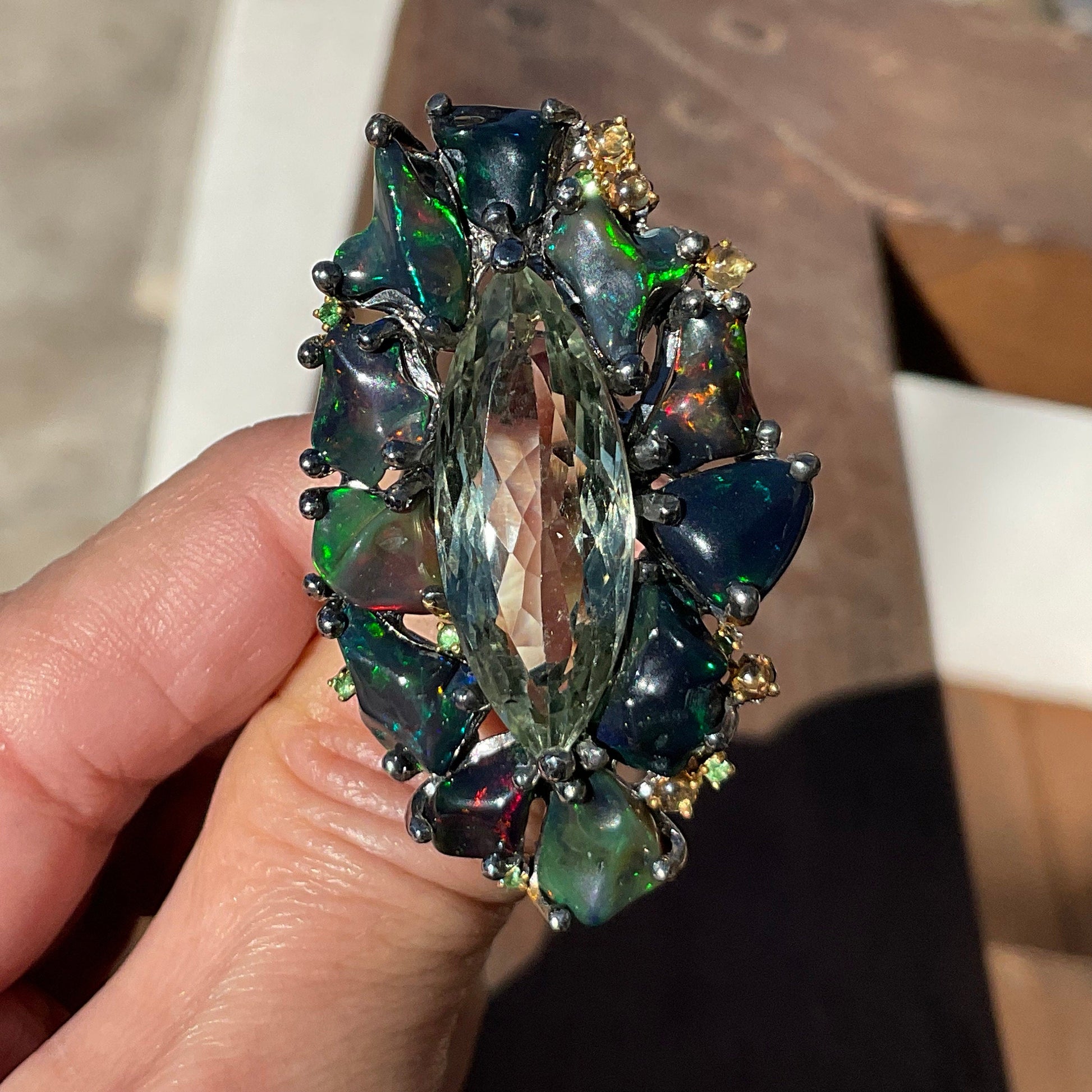 Sterling Silver green Amethyst heirloom Fire Rainbow Huge opal ring 7.5 Colors Of Etnika