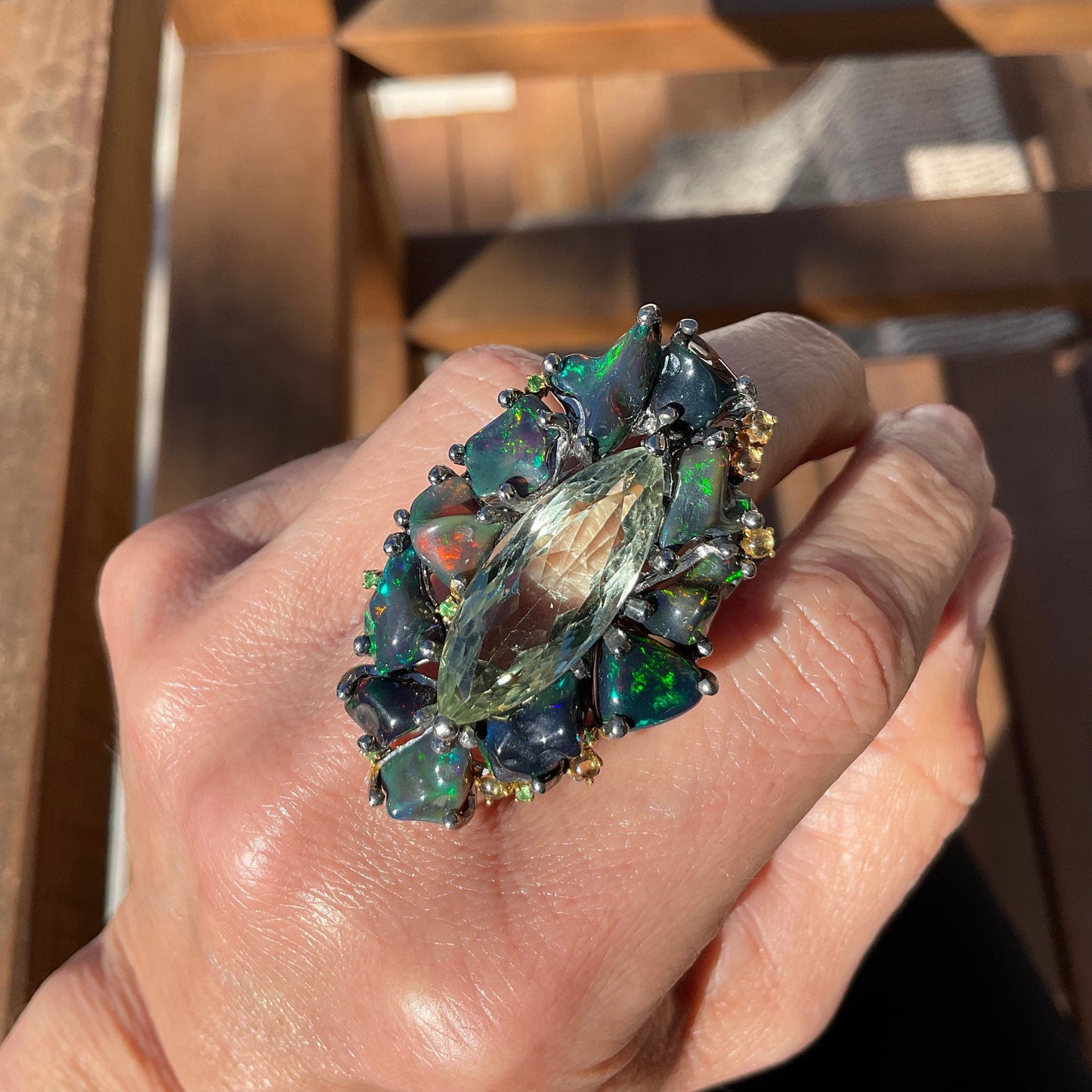 Sterling Silver green Amethyst heirloom Fire Rainbow Huge opal ring 7.5 Colors Of Etnika