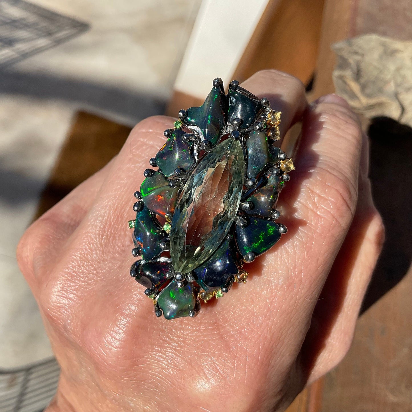 Sterling Silver green Amethyst heirloom Fire Rainbow Huge opal ring 7.5 Colors Of Etnika