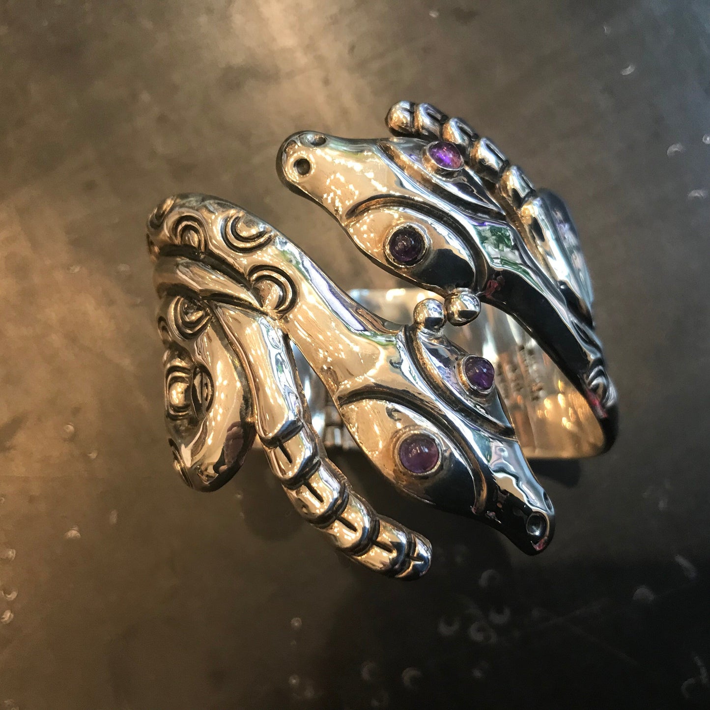 Sterling Silver vintage snake amethyst Statement Repousse Cuff Bracelet Colors Of Etnika