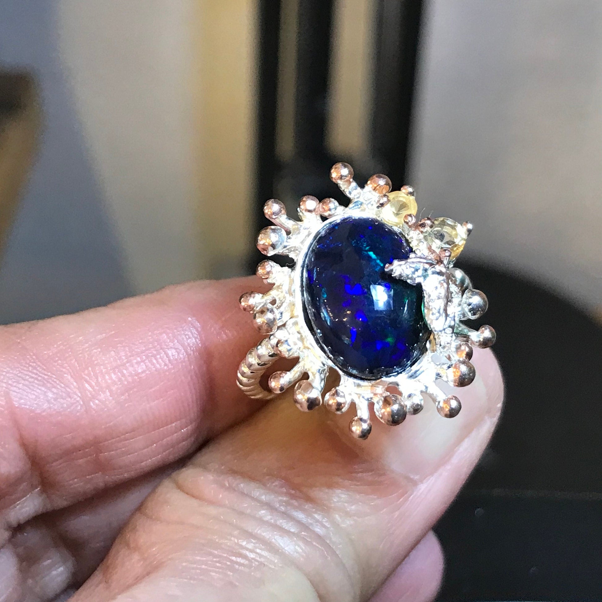 sterling silver Natural black  blue Fire Opal statement ring 8.5 Colors Of Etnika