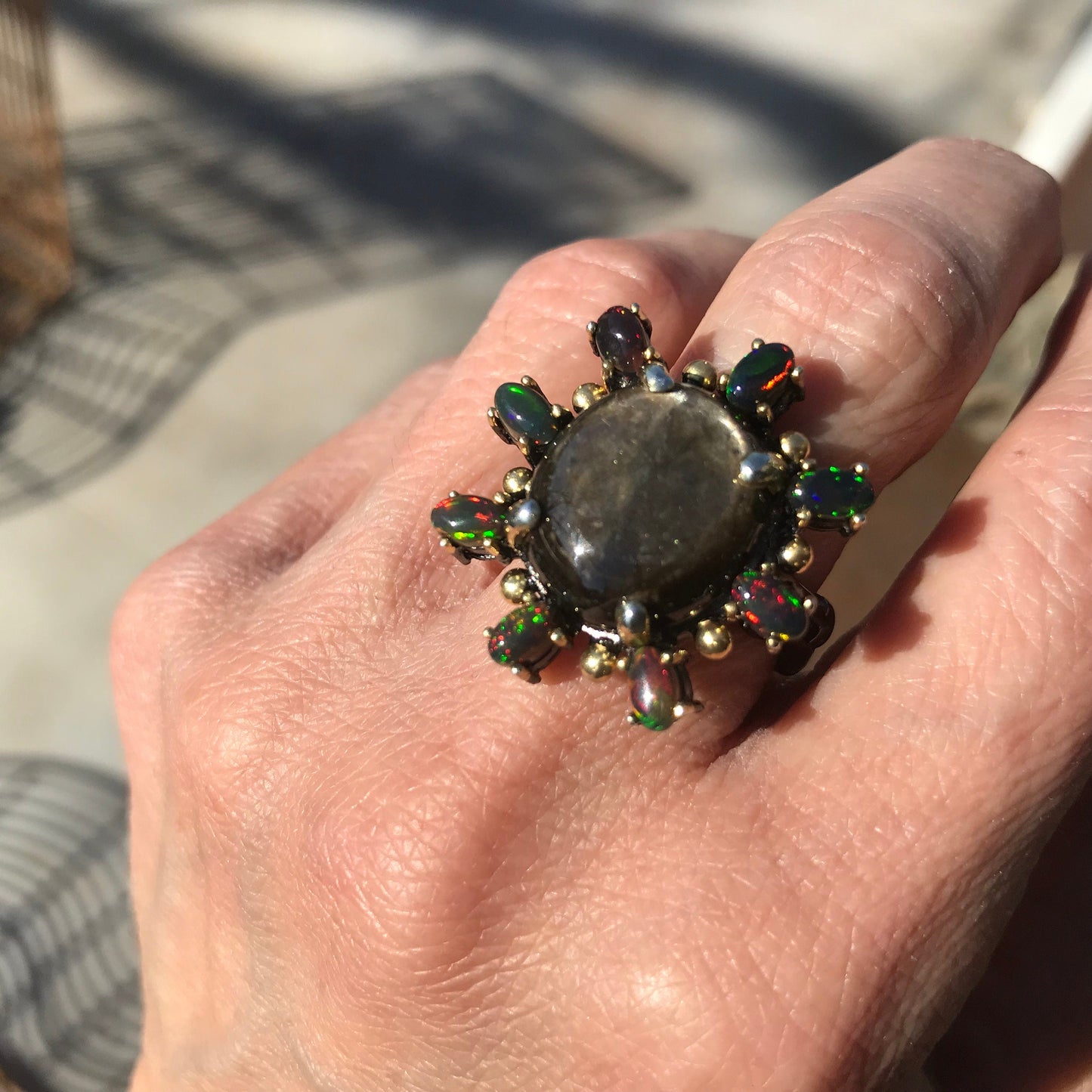 Sterling Silver black  sapphire opal Etnika ring sunburst 8 Colors Of Etnika