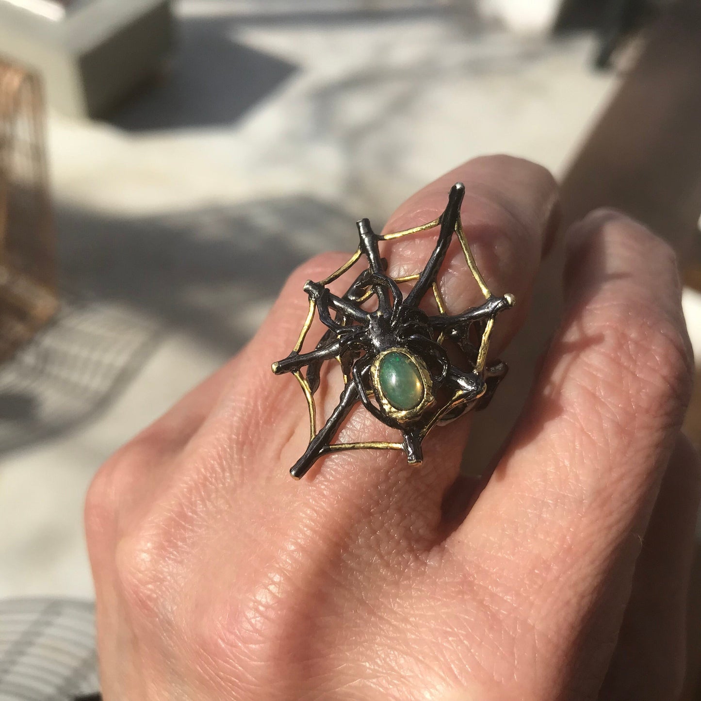 Sterling Silver spider web Handmade Fire Opal Artisan ring 7 Colors Of Etnika