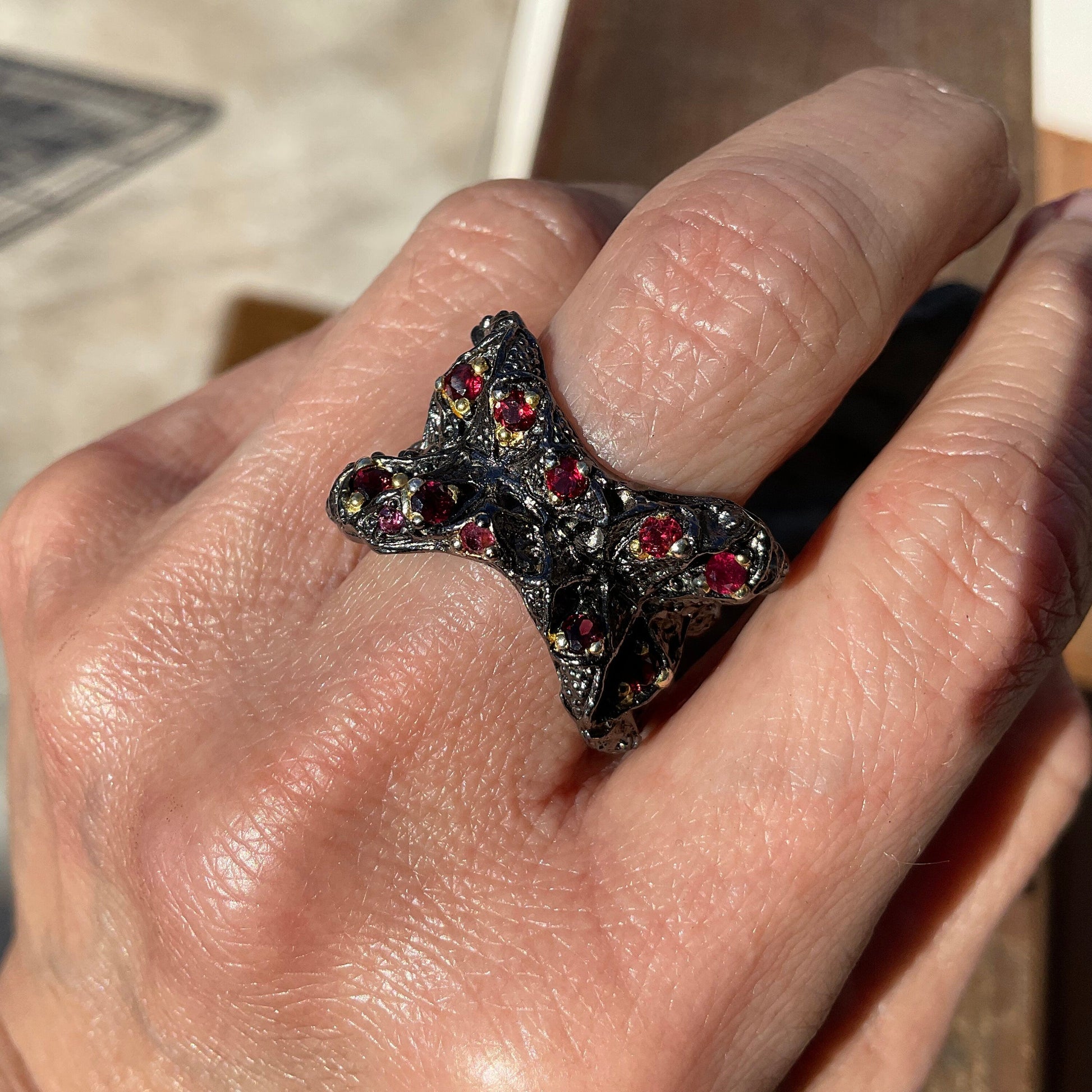 Handmade Sterling Silver Brutalist abstract rhodolite Band  ring 8.5 Colors Of Etnika