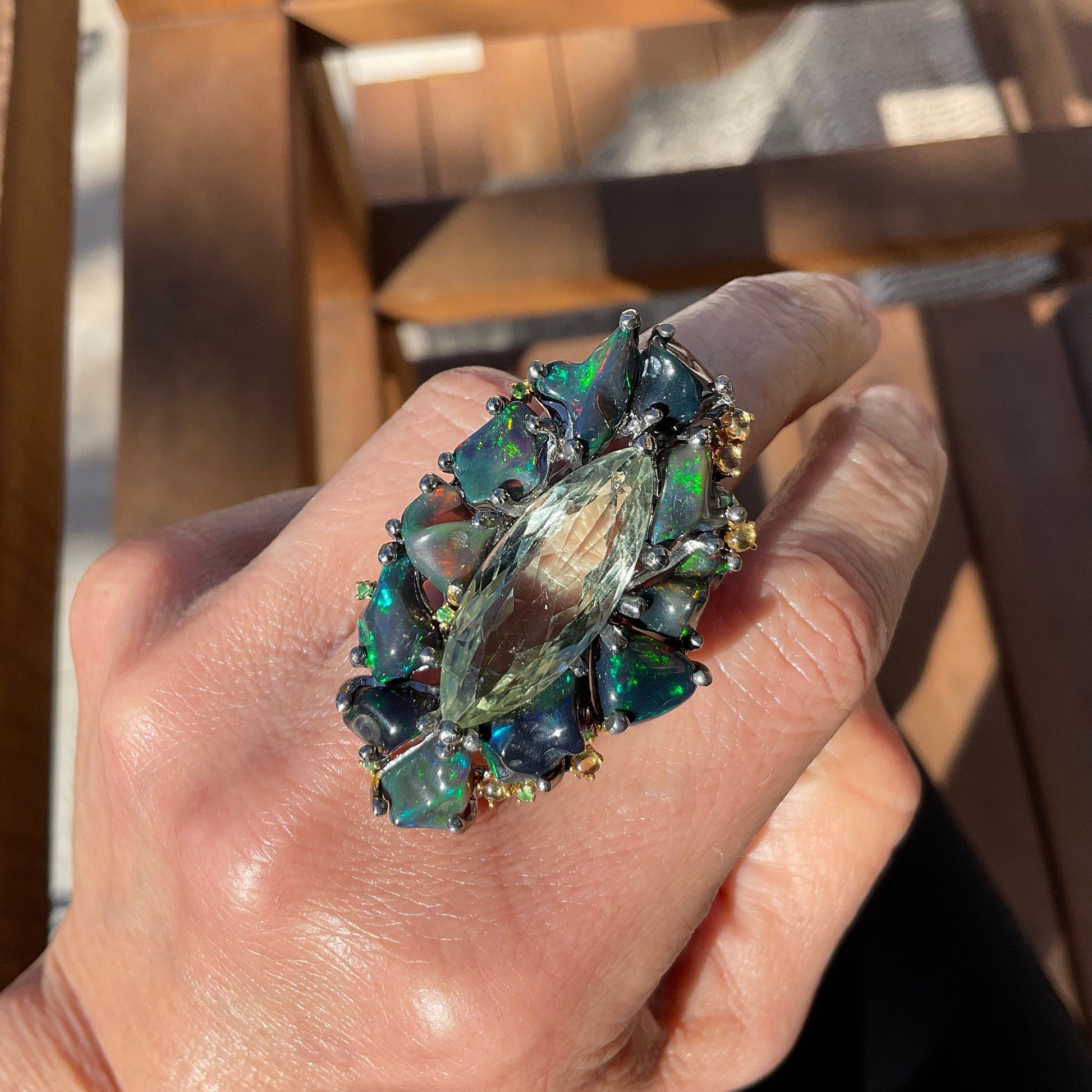 Sterling Silver green Amethyst heirloom Fire Rainbow Huge opal ring 7.5 Colors Of Etnika