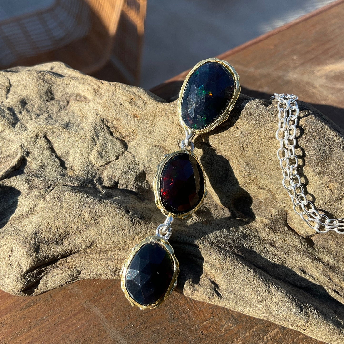 Natural black Fire opal Sterling Silver Necklace 18” Colors Of Etnika