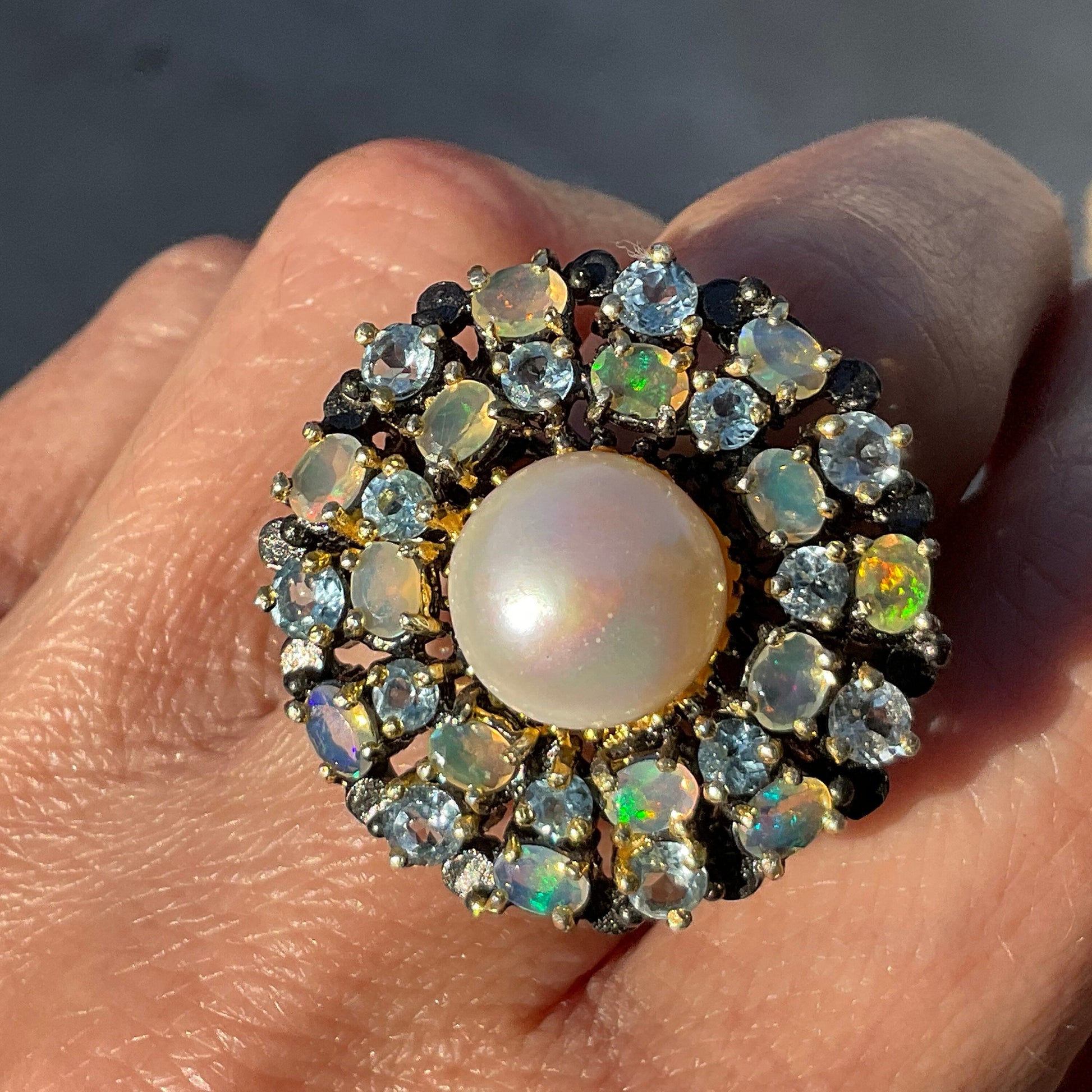 Sterling Silver Fire opal topaz white pearl cluster Ring 8.5 Colors Of Etnika