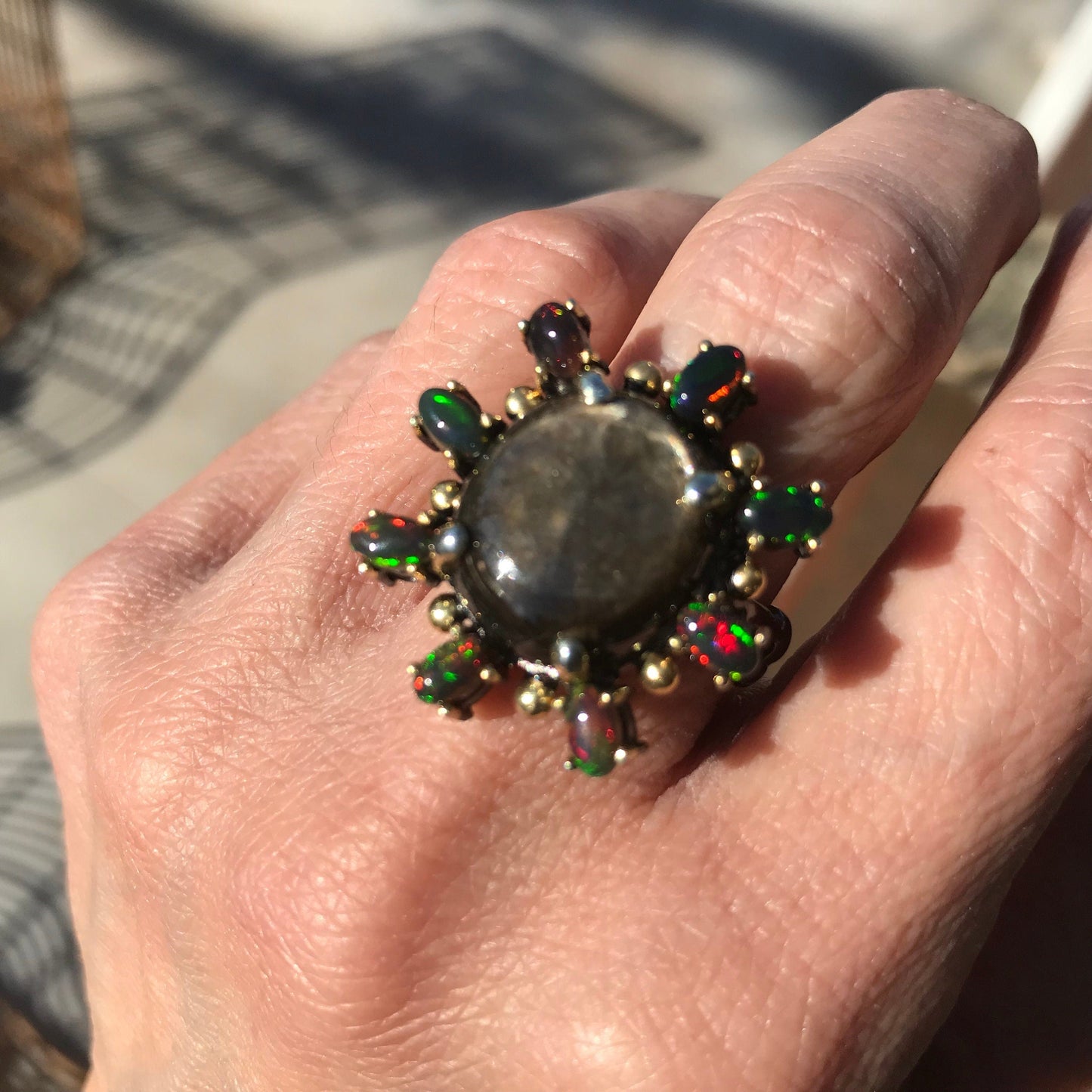 Sterling Silver black  sapphire opal Etnika ring sunburst 8 Colors Of Etnika