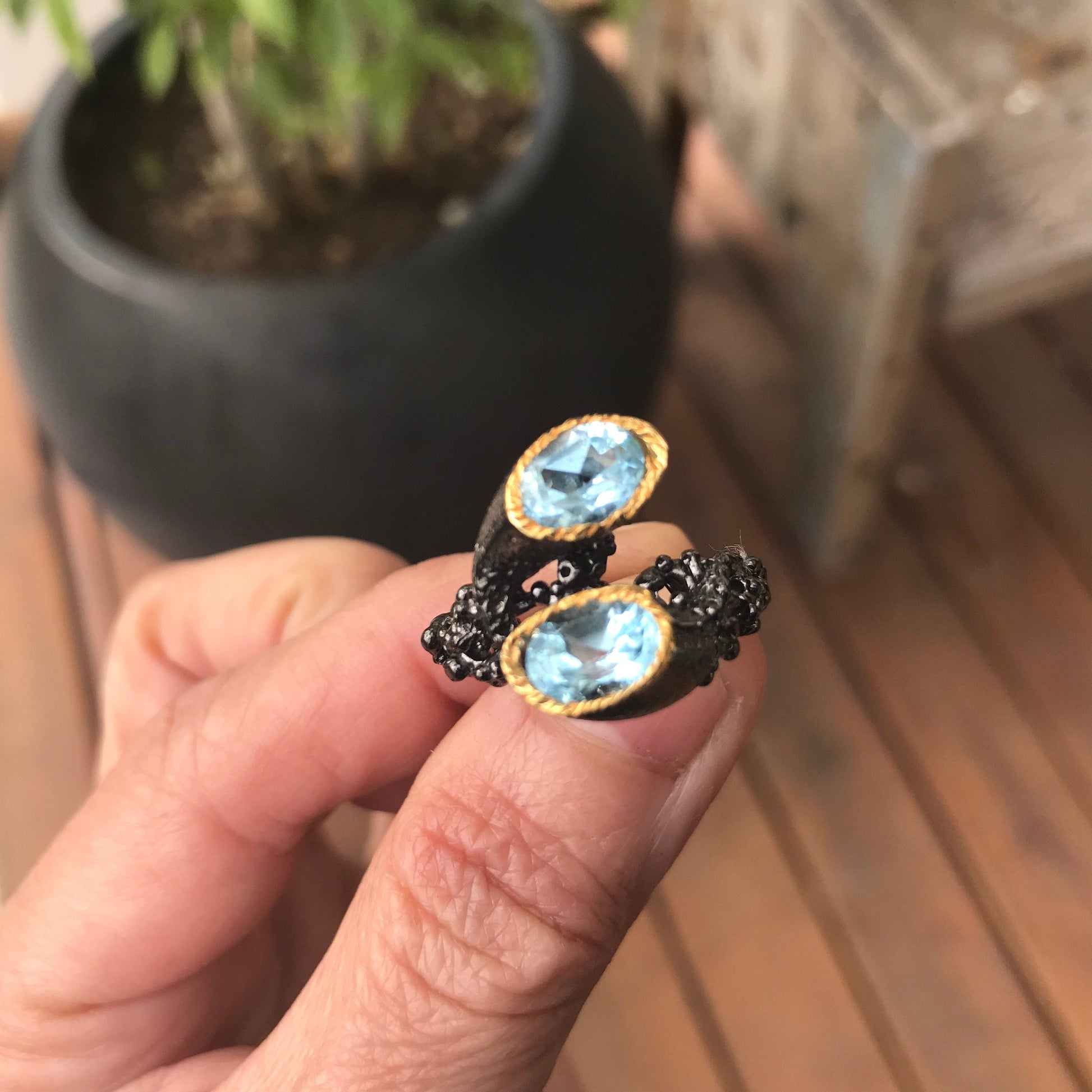 Sterling Silver natural art brutalist  blue topaz ring 8.5 Colors Of Etnika