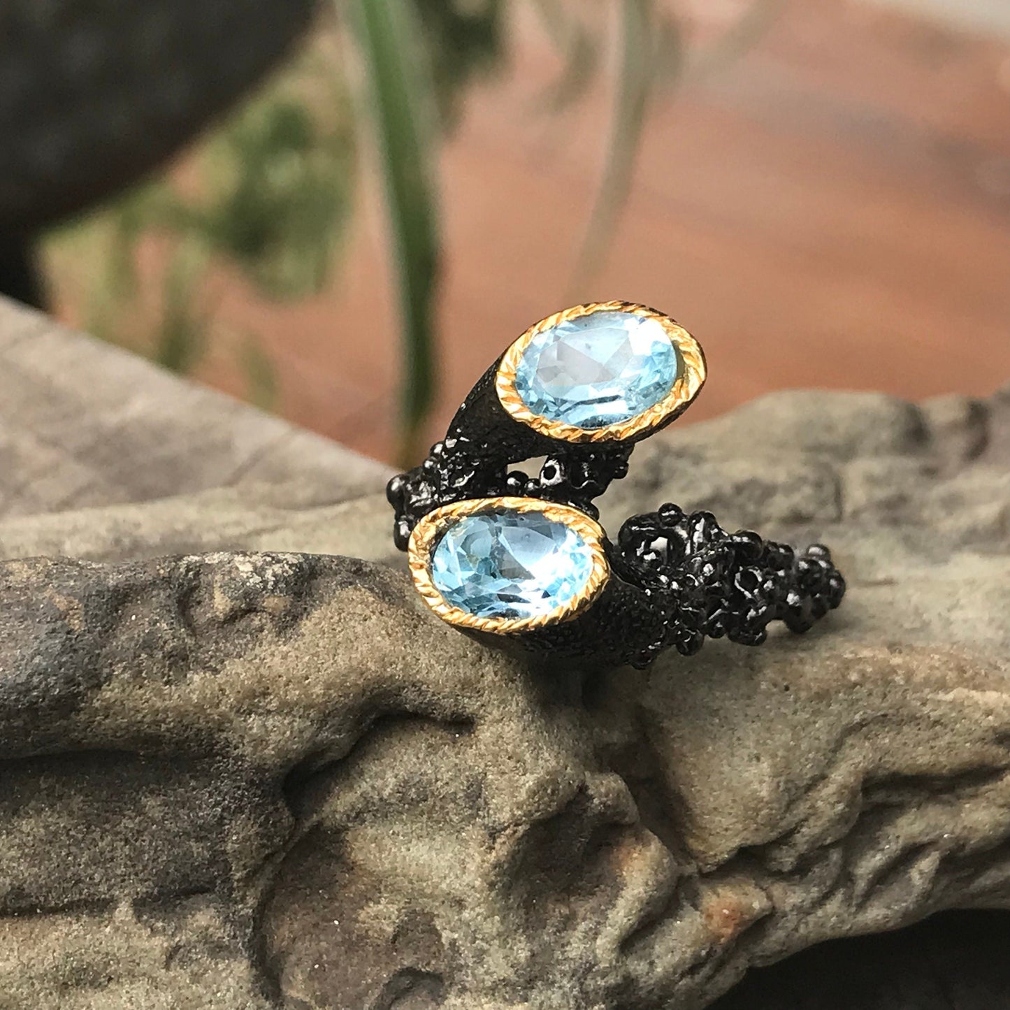 Sterling Silver natural art brutalist  blue topaz ring 8.5 Colors Of Etnika