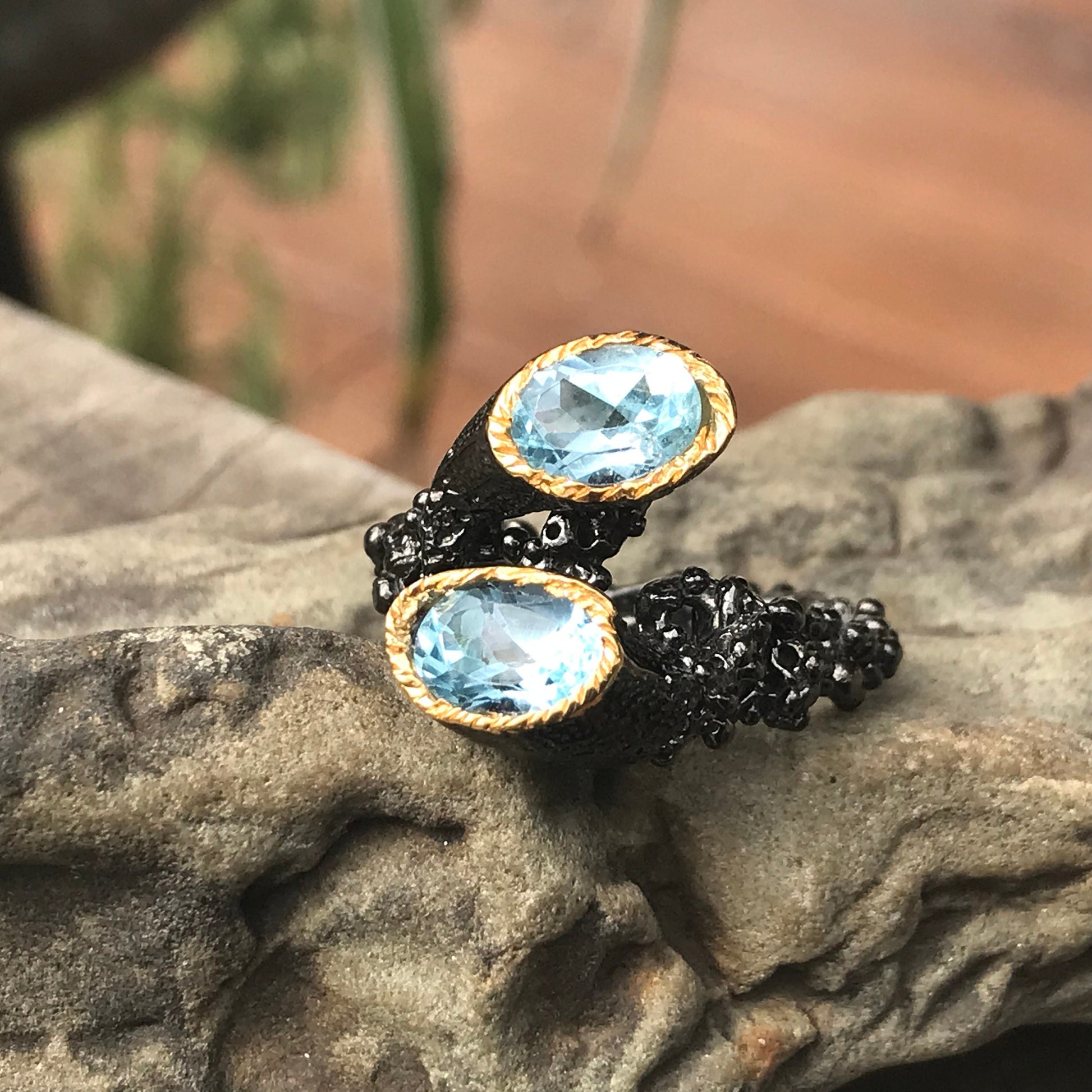 Sterling Silver natural art brutalist  blue topaz ring 8.5 Colors Of Etnika
