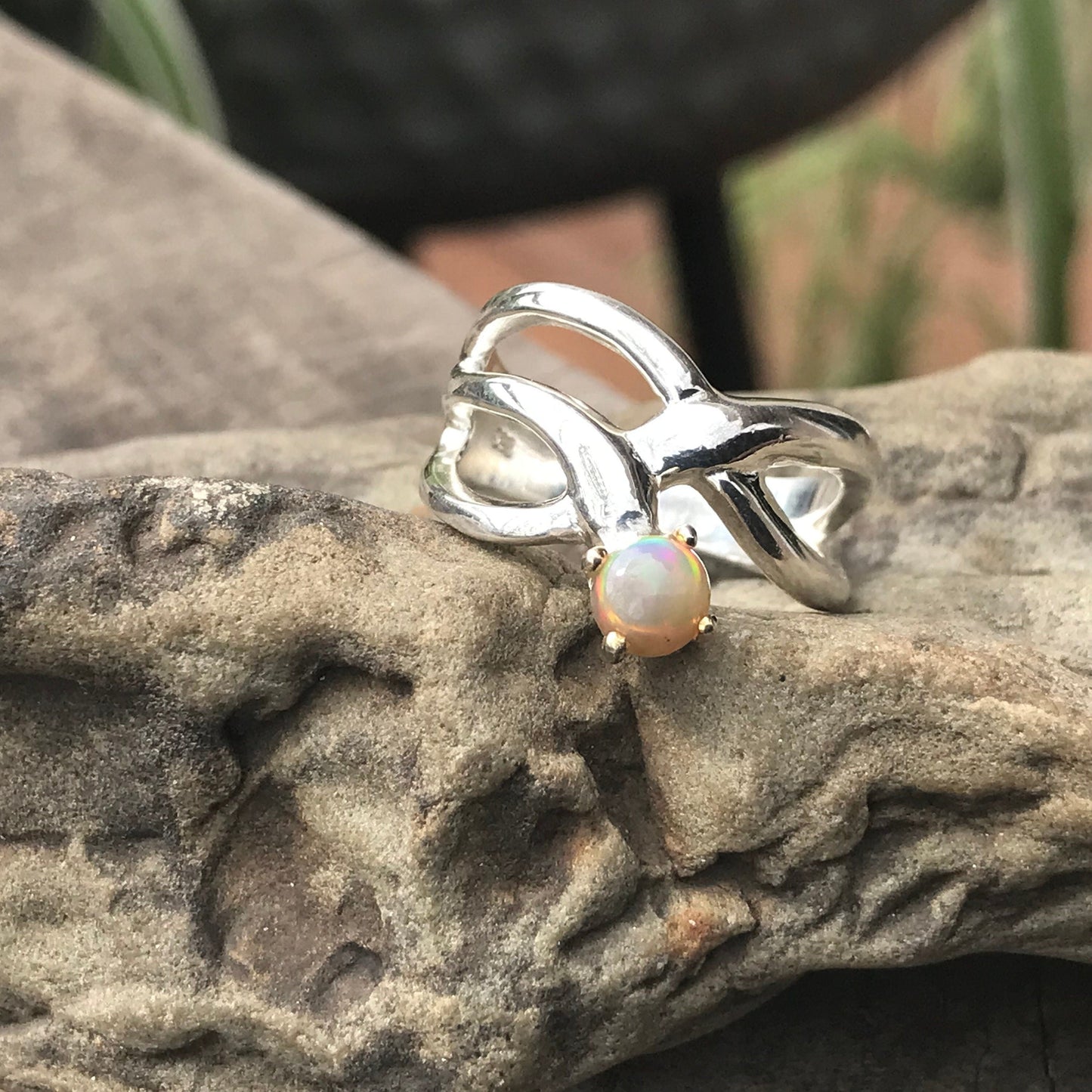 Sterling Silver Handmade Rainbow Opal modernist ring 8 Colors Of Etnika