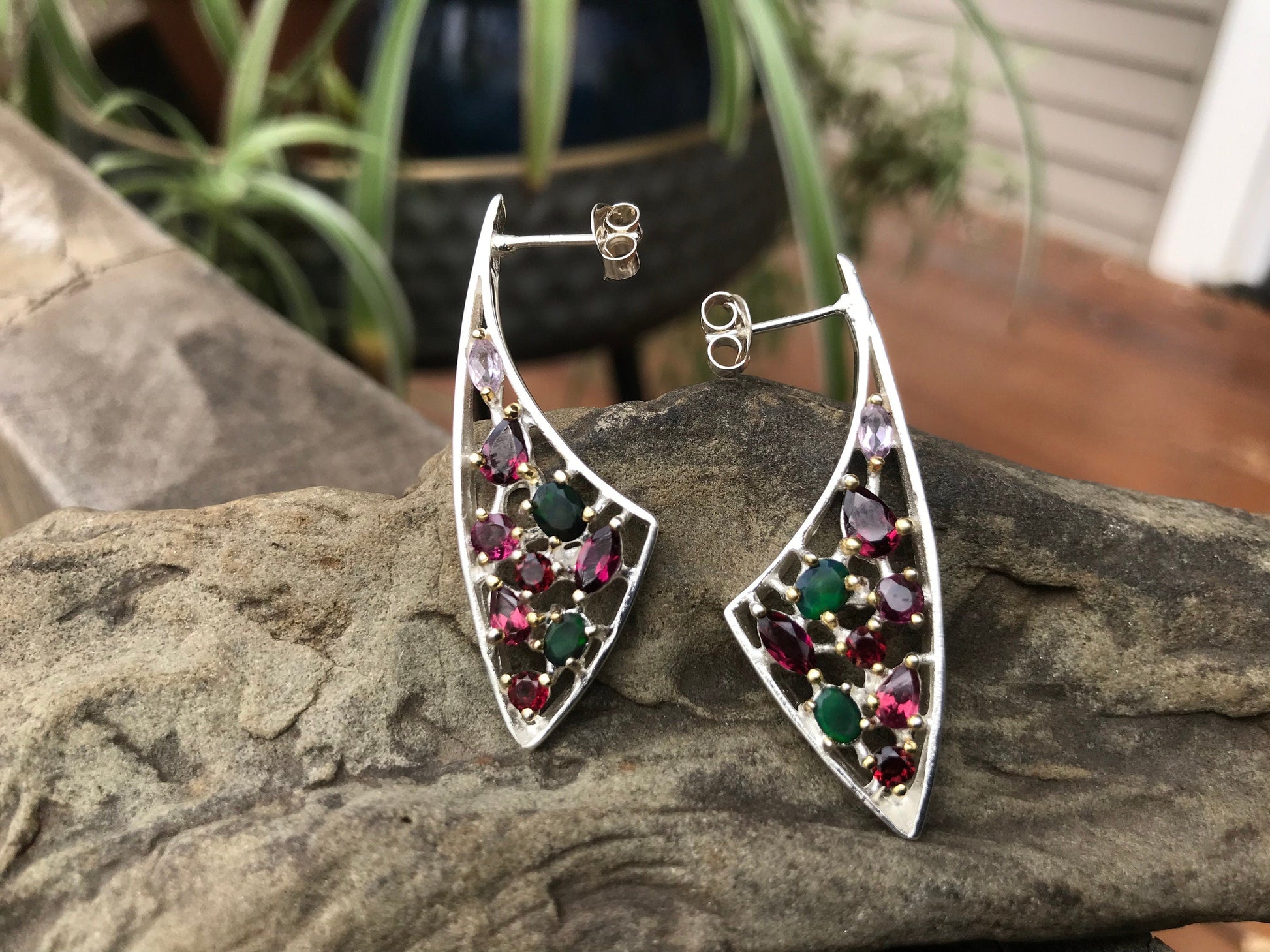 Sterling Silver Natural modernist black Opal Stud hoop  Earrings Colors Of Etnika