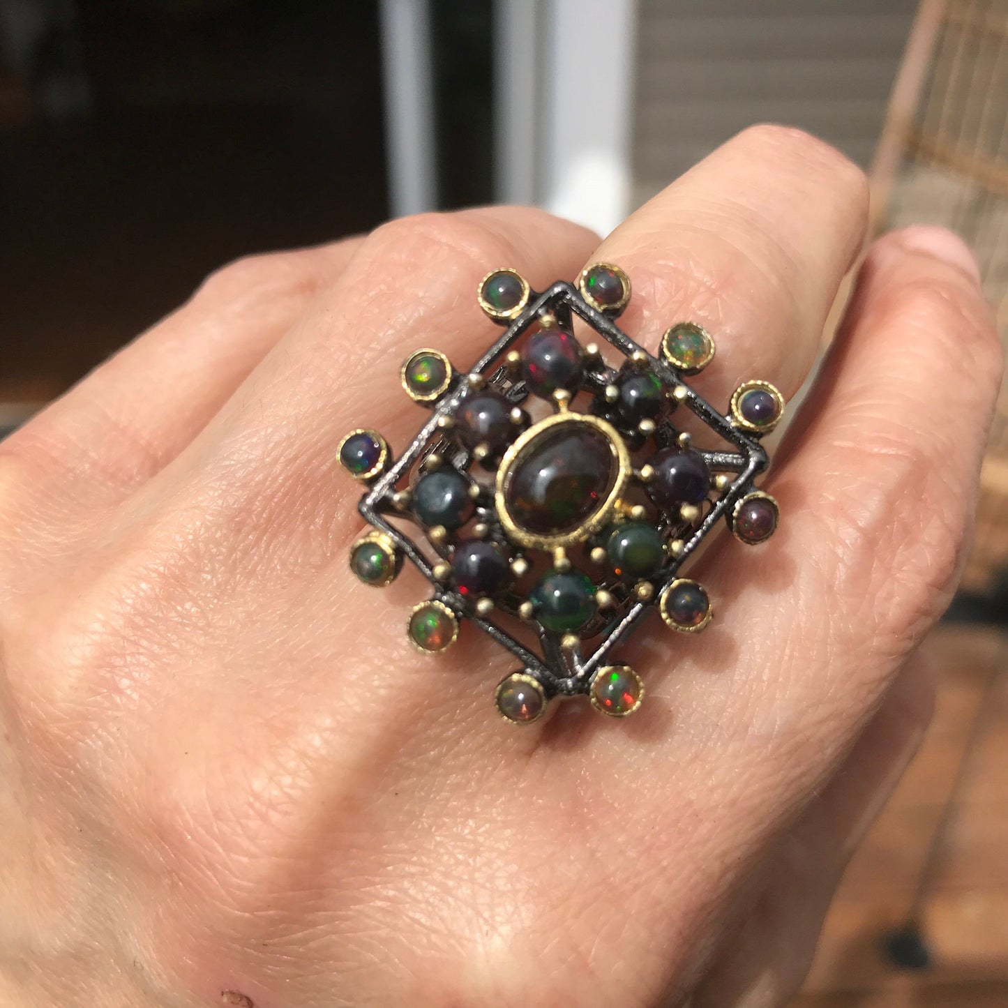 Sterling Silver black Fire Opal Art Deco statement ring 6.5 Colors Of Etnika