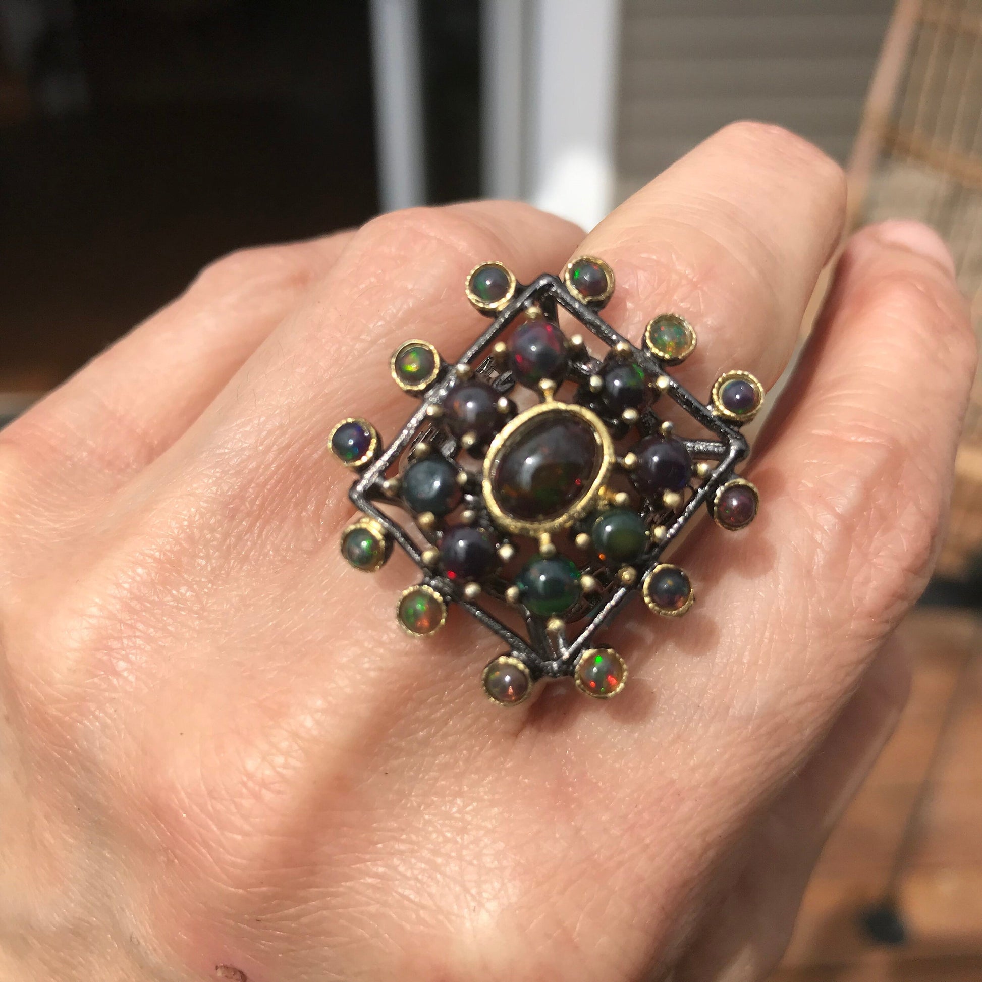 Sterling Silver black Fire Opal Art Deco statement ring 6.5 Colors Of Etnika