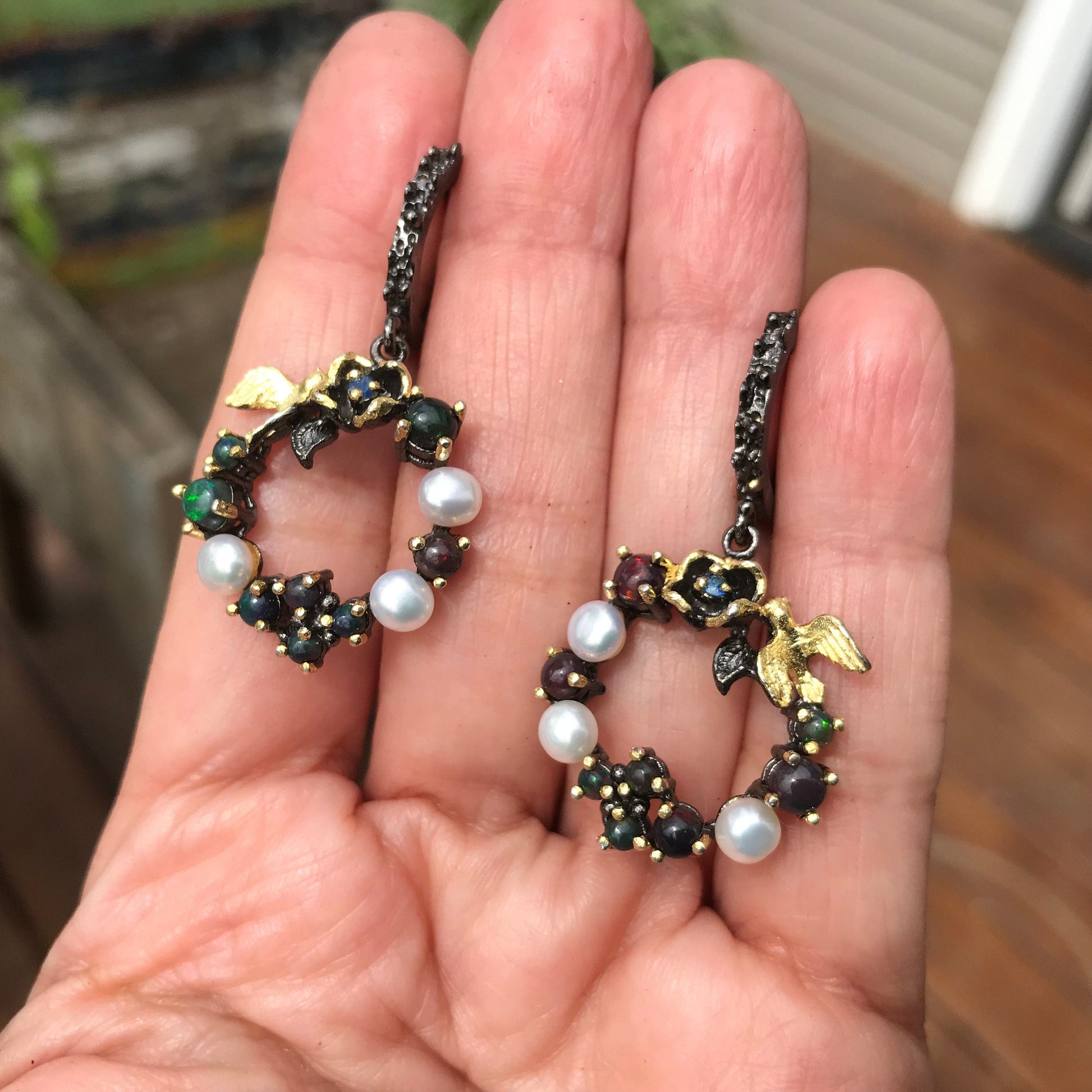 Sterling Silver Natural black fire Opal heirloom pearl dangle  Earrings Colors Of Etnika