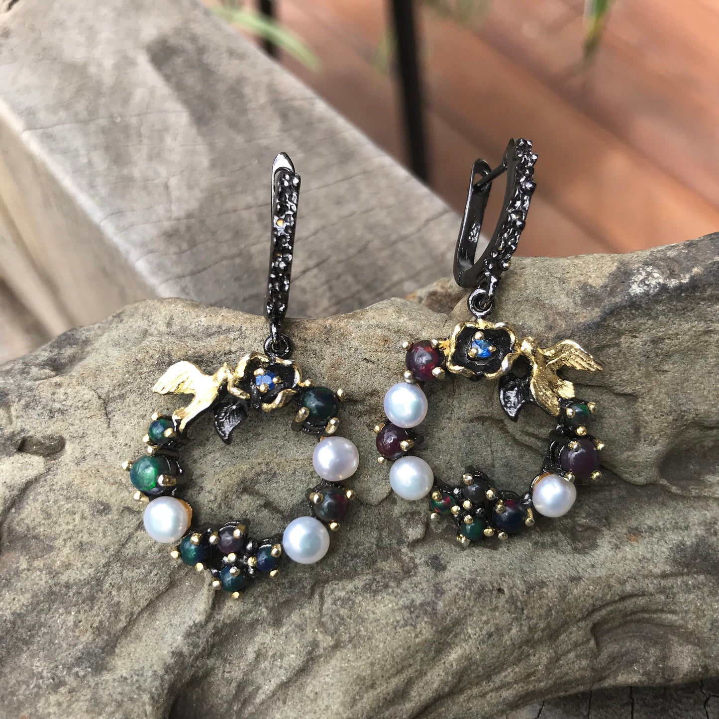 Sterling Silver Natural black fire Opal heirloom pearl dangle  Earrings Colors Of Etnika