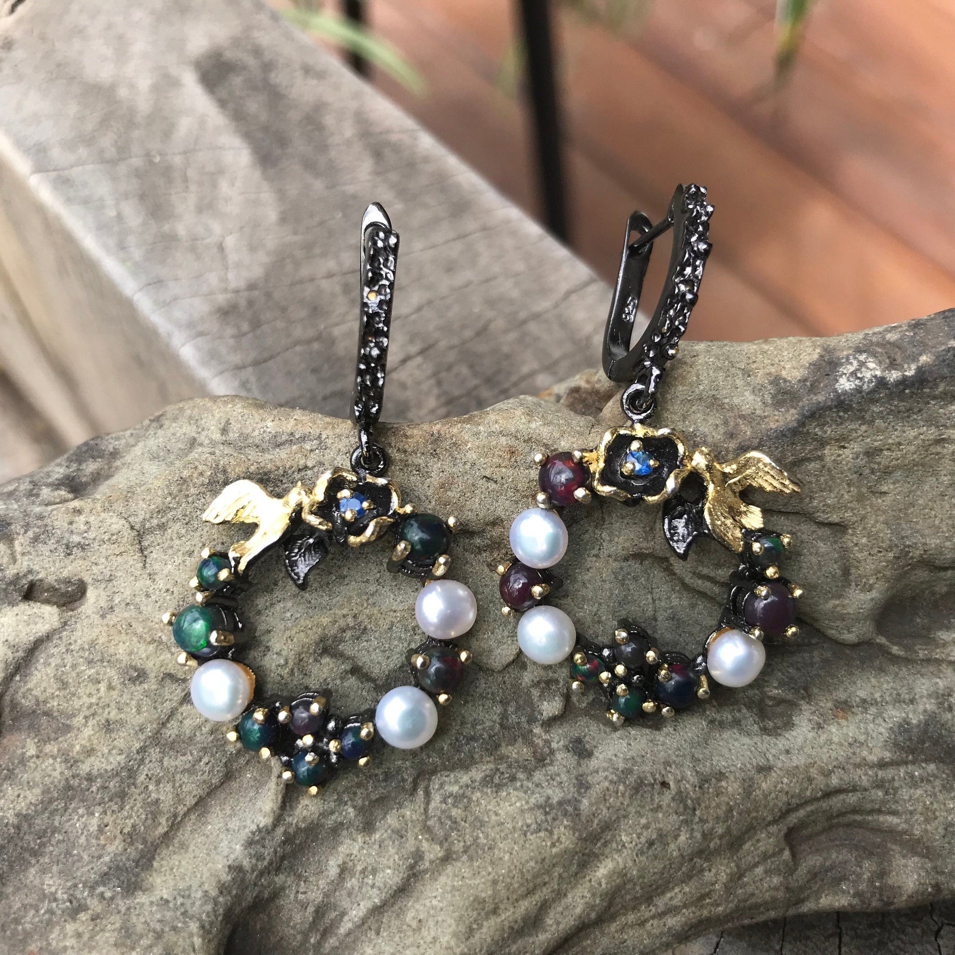 Sterling Silver Natural black fire Opal heirloom pearl dangle  Earrings Colors Of Etnika