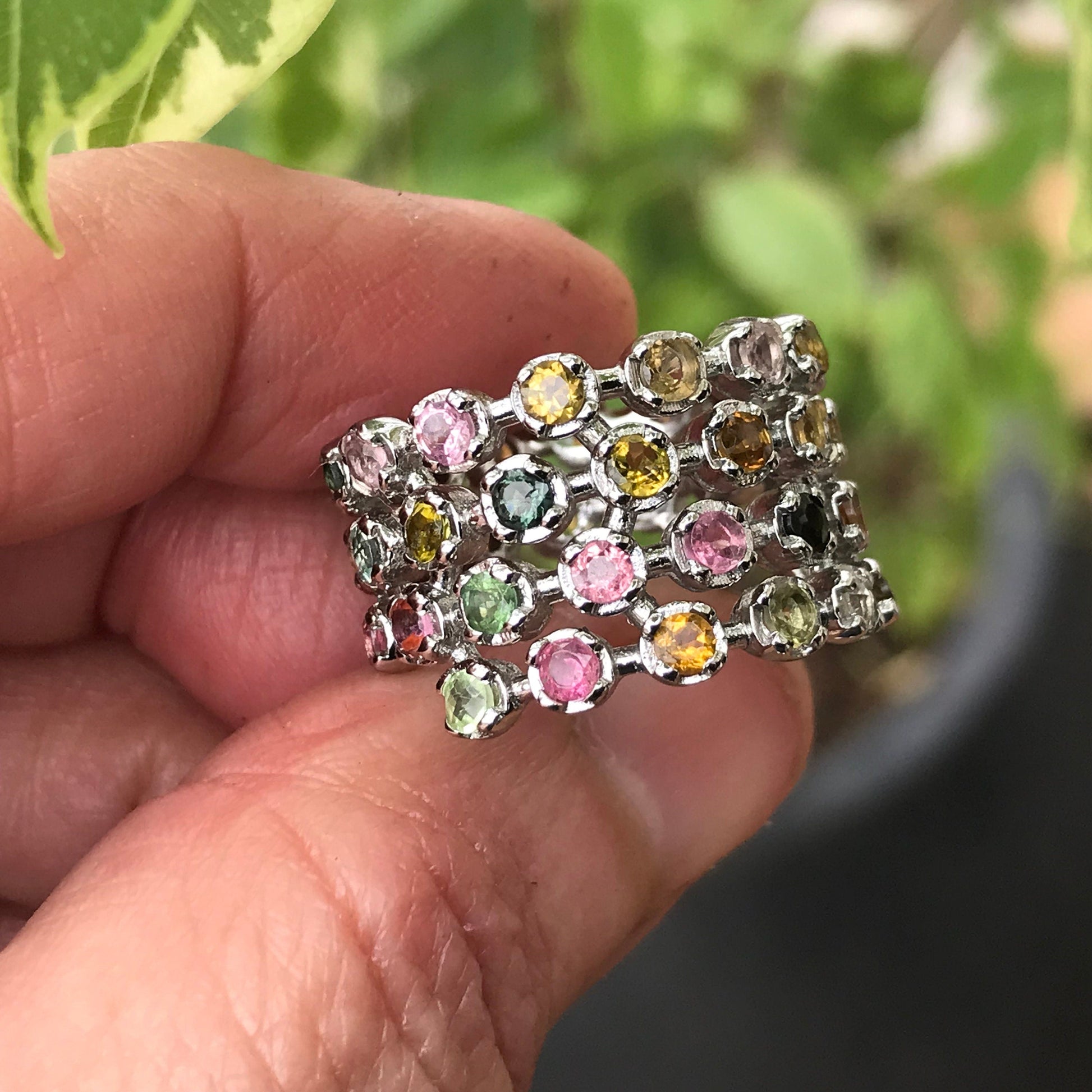 Sterling Silver Multi Color tourmaline  Band ring 7 Colors Of Etnika
