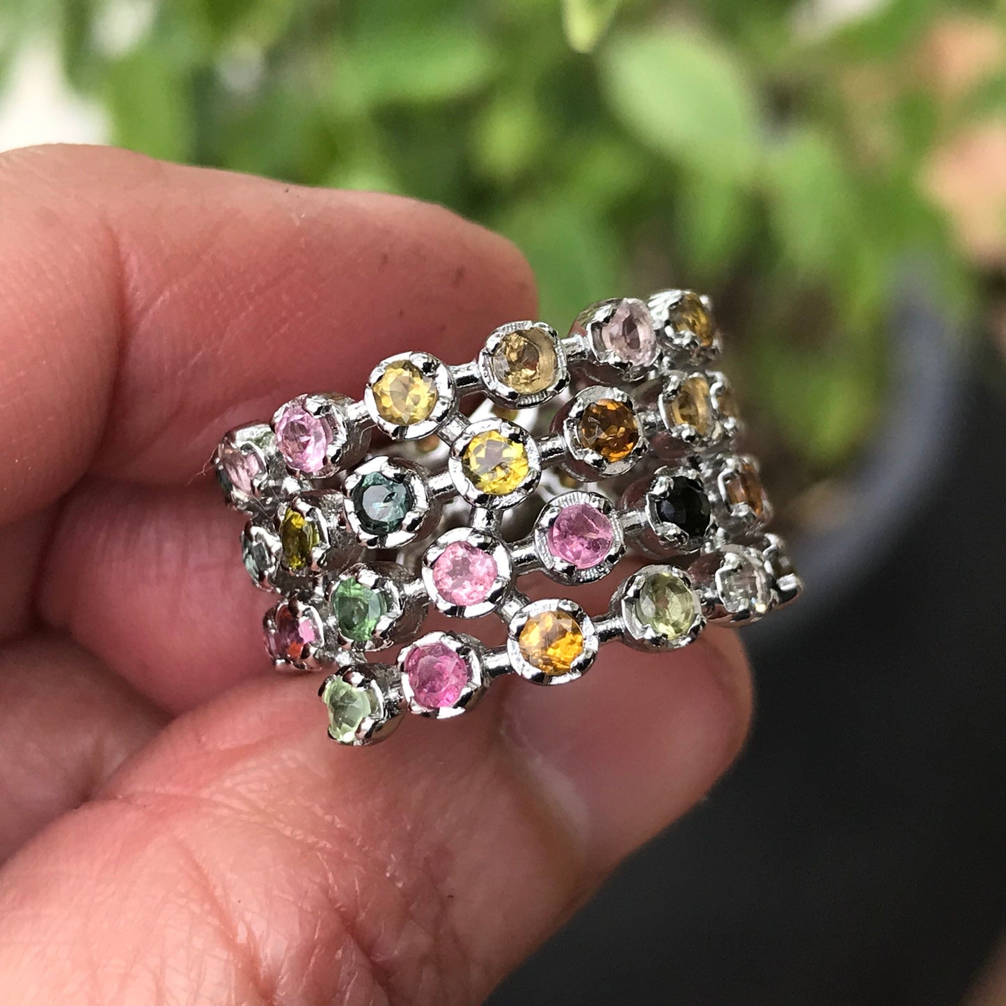 Sterling Silver Multi Color tourmaline  Band ring 7 Colors Of Etnika
