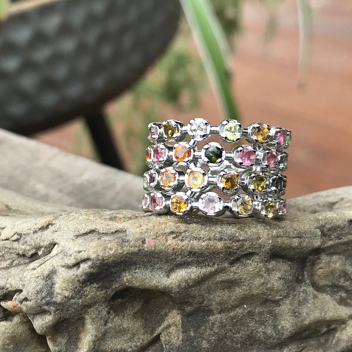 Sterling Silver Multi Color tourmaline  Band ring 7 Colors Of Etnika